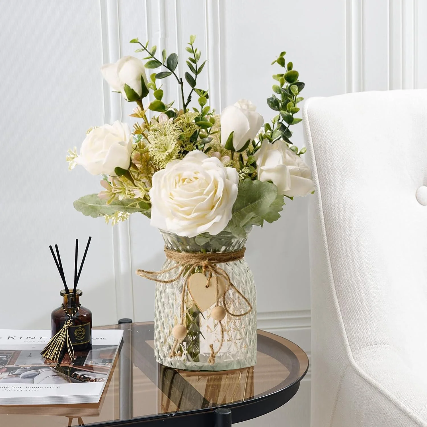 گل های مصنوعی Exrp با گلدان، گل های رز ابریشمی مصنوعی در گلدان، چیدمان گل مصنوعی با گلدان مناسب برای دکوراسیون منزل و محل کار، تزیین میز ناهار خوری