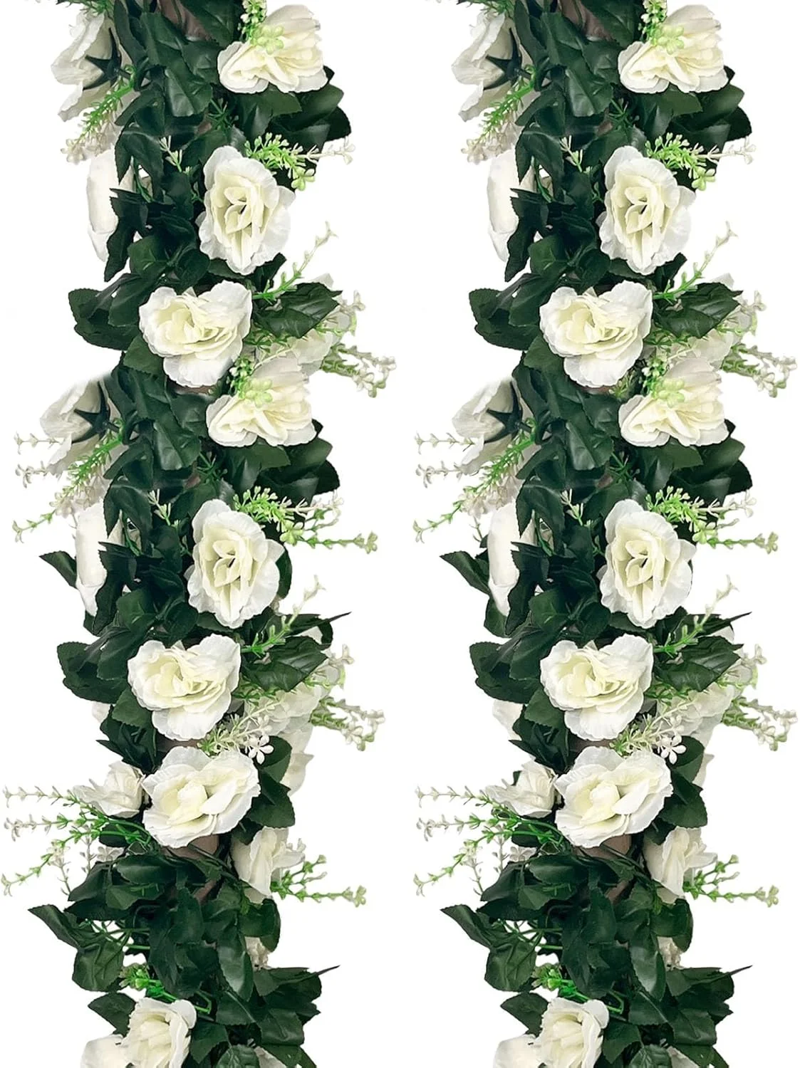 4 عدد ریسه گل رز سفید 8.5 متری، تاک گل مصنوعی، گل های تاک مصنوعی، ریسه آویز گل رز برای مهمانی عروسی، باغ، میز اتاق، کریسمس، دکور پس زمینه دیوار طاق