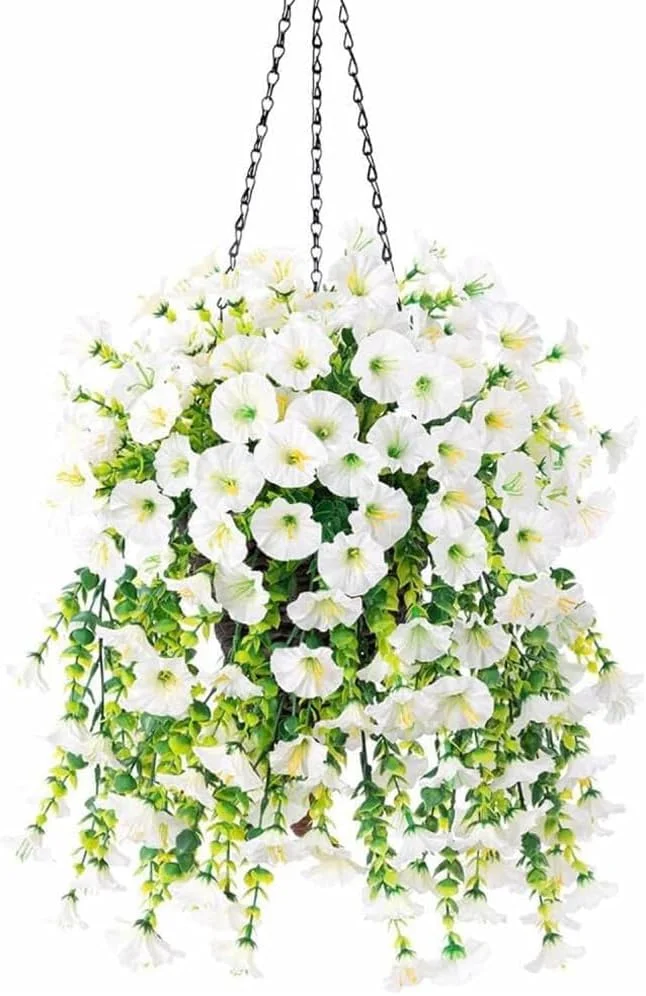 گل های آویز مصنوعی Goodern، 2 عدد گیاه آویز مصنوعی برای دکوراسیون داخلی و خارجی، گل های ابریشمی مصنوعی مقاوم در برابر اشعه ماوراء بنفش و نور خورشید، ظاهر واقعی برای دیوار، خانه، گلدان، ایوان، باغ، دکوراسیون عروسی - سفید