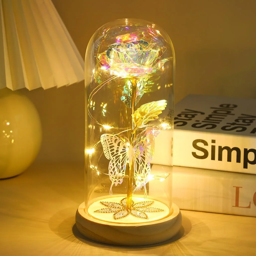 گل رز مصنوعی رنگارنگ گودرن، گل رز جاودانه با نور LED در گنبد شیشه ای، گل کریستالی رز کهکشانی برای زنان، همسر، روز ولنتاین، روز مادر، تولد، دکوراسیون جشن عروسی - سفید