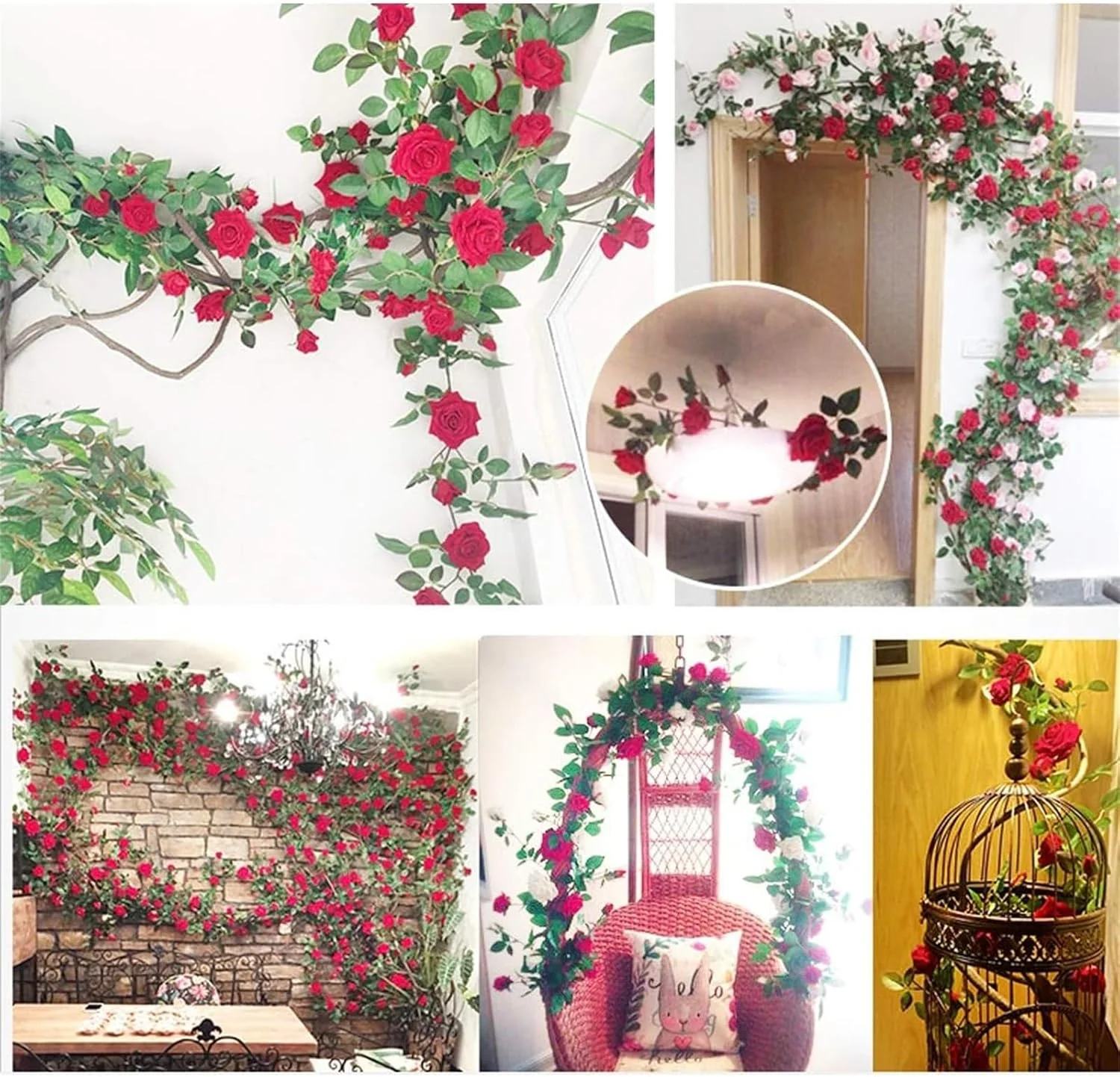 شاخه گل رز مصنوعی آویز هالامودو مناسب تزئین جشن، خانه و عروسی (قرمز، 220 سانتی متر)