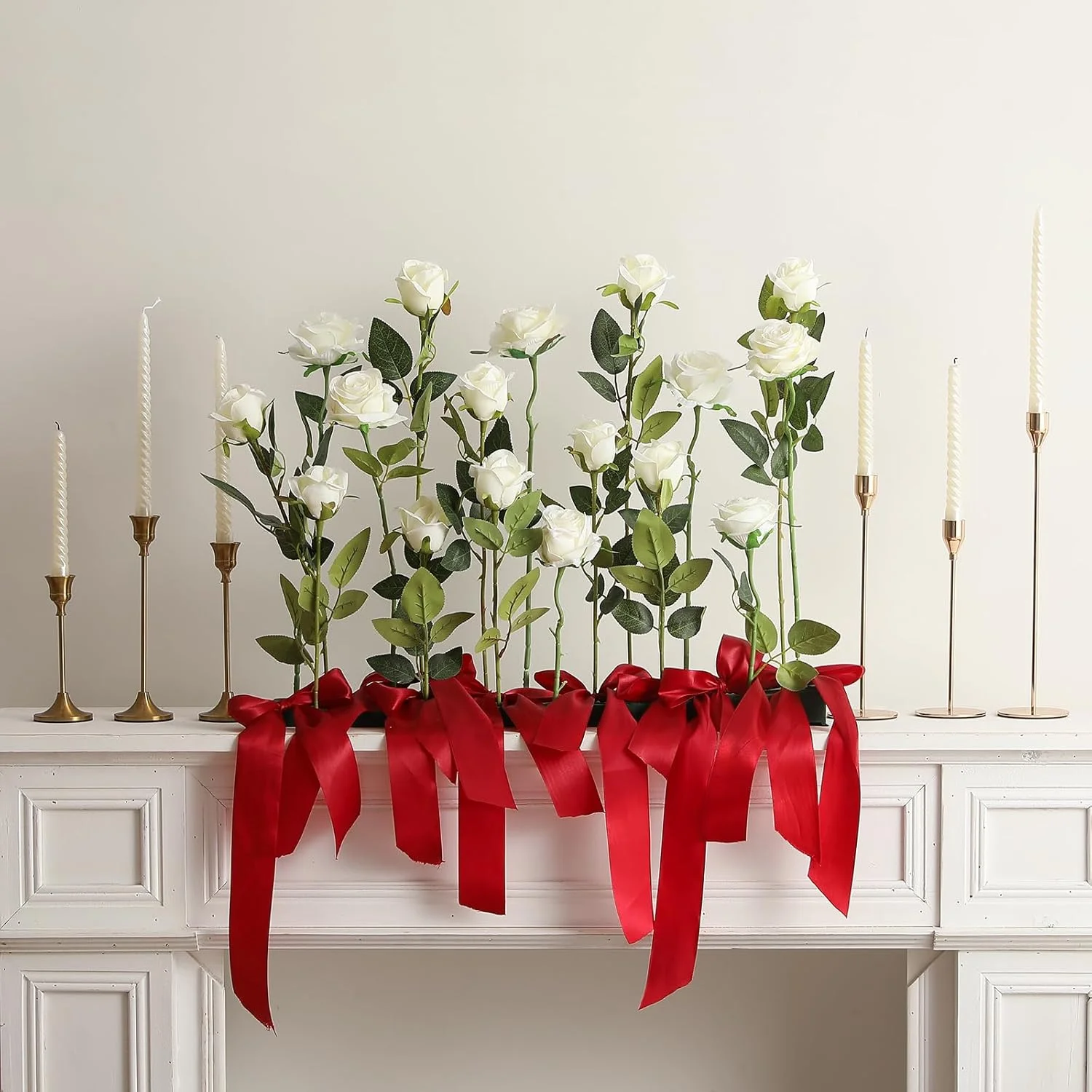 12 شاخه گل رز مصنوعی ابریشمی، دسته گل رز واقعی با ساقه بلند برای دکوراسیون منزل، عروسی و مهمانی (سفید -2)