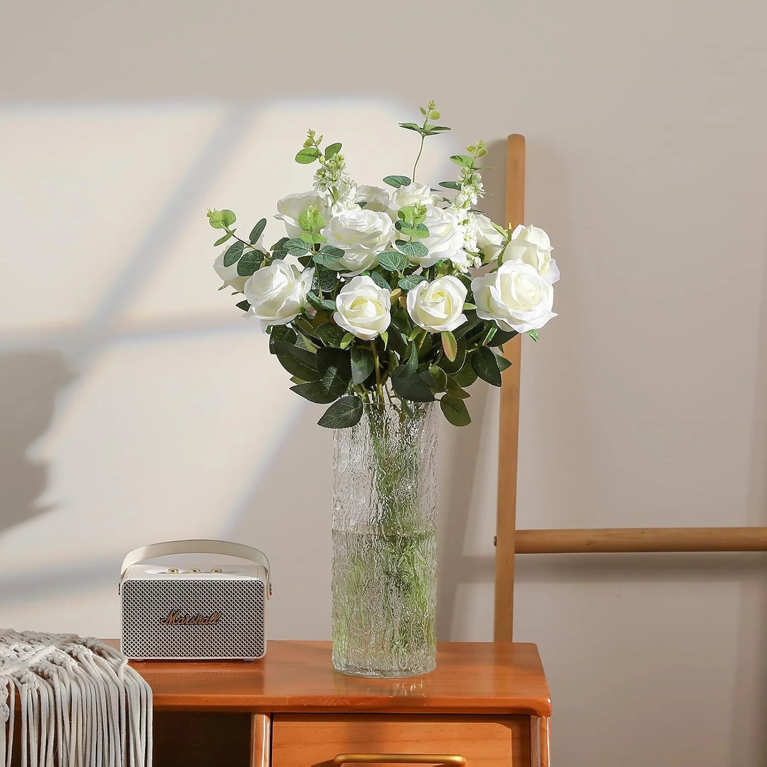 12 شاخه گل رز مصنوعی ابریشمی، دسته گل رز واقعی با ساقه بلند برای دکوراسیون منزل، عروسی و مهمانی (سفید -2)