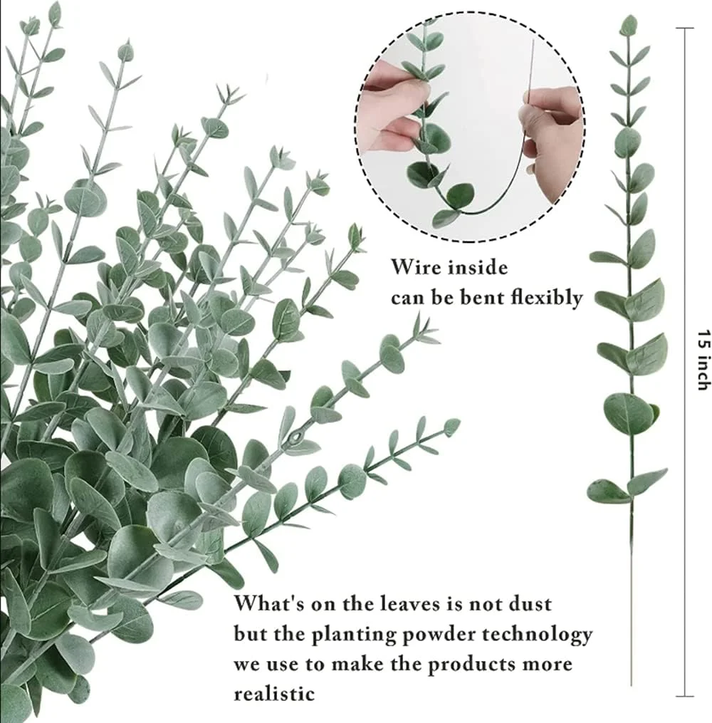 JKWINS 24 شاخه برگ اکالیپتوس مصنوعی، ساقه های واقعی خاکستری و سبز، شاخه های گیاهی لمسی واقعی، گل های مصنوعی برای دکوراسیون منزل، دفتر کار، گل آرایی میز، ضیافت عروسی، 15 اینچ (سبز1)