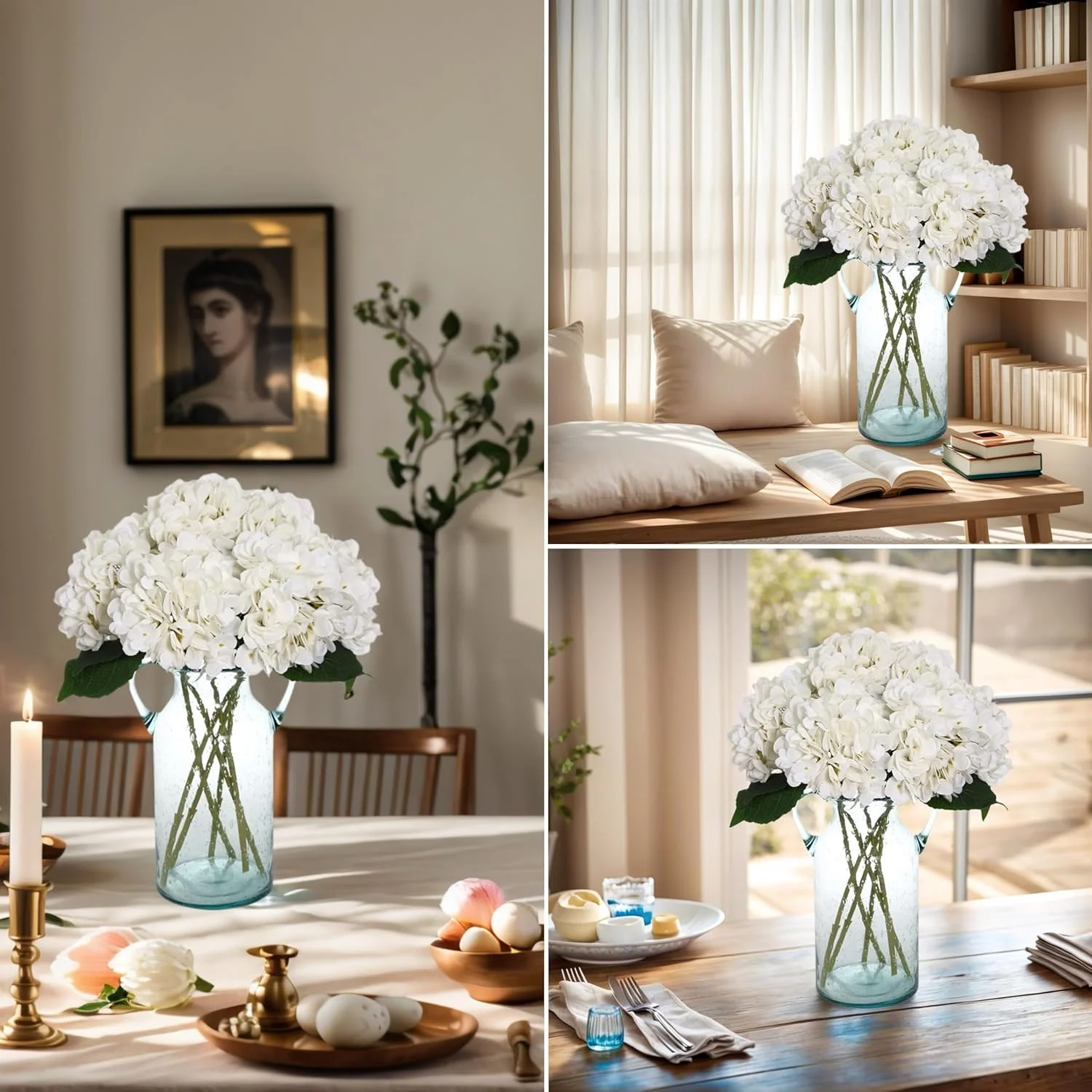 کلبه کیمورا (سفید) - دسته گل گل ابریشم مصنوعی سفید، شاخه گل مصنوعی هیدرانژا 3 عددی برای دکوراسیون میز، دکوراسیون جشن عروسی (سفید)