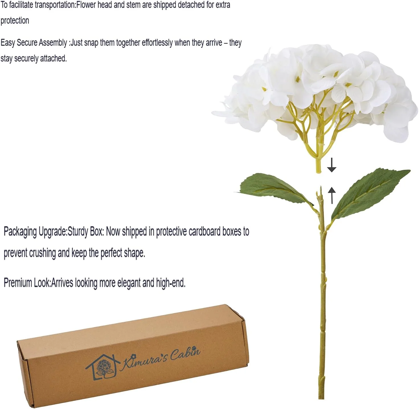 کلبه کیمورا (سفید) - دسته گل گل ابریشم مصنوعی سفید، شاخه گل مصنوعی هیدرانژا 3 عددی برای دکوراسیون میز، دکوراسیون جشن عروسی (سفید)