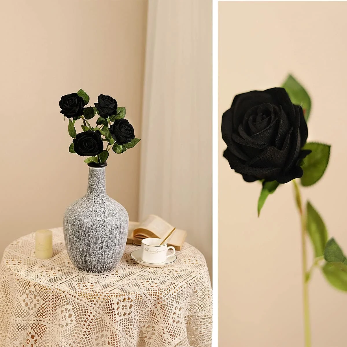 لویه 10 عددی رزهای مخملی مصنوعی گل های رز سیاه هالووین گل های ابریشمی با ساقه هدیه گل برای چیدمان شکرگزاری دکوراسیون منزل مهمانی - سیاه