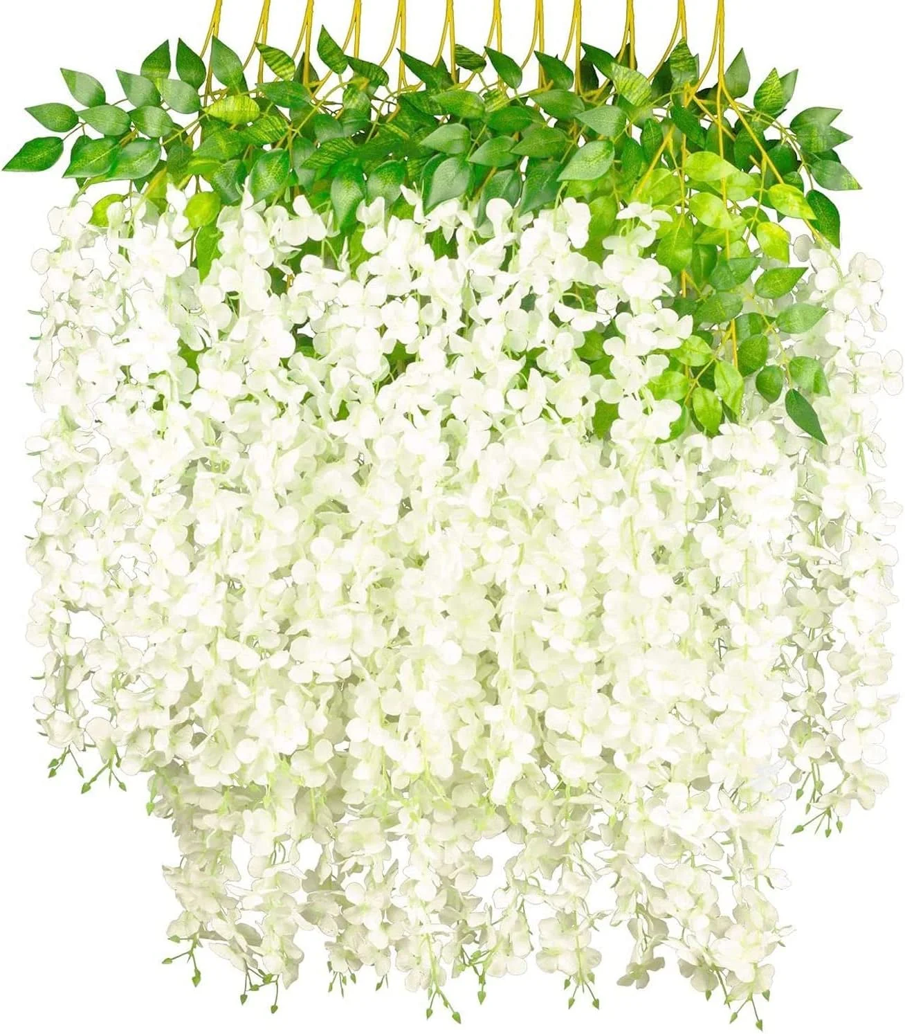 گل های مصنوعی Nyganmelloz برای دکوراسیون، 12 عدد ویستریا ابریشمی، بوته تاک ابریشمی آویزان، گیاهان مصنوعی داخلی و خارجی برای مهمانی عروسی باغ، سفید