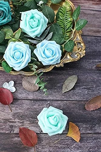 گل های مصنوعی OOMYL، رزهای فوم عاجی با ظاهر واقعی به همراه ساقه برای دسته گل عروسی DIY، تزیینات میزهای مهمانی، 25 عدد (آبی آسمانی) گل های مصنوعی OOMYL، رزهای فوم عاجی با ظاهر واقعی به همراه ساقه برای دسته گل عروسی DIY، تزیینات میزهای مهمانی، 25 عدد (آبی آسمانی)