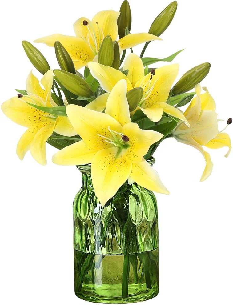 گل های مصنوعی سوسن ببری RERXN، گل های لاتکس، دکوراسیون منزل و جشن عروسی، بسته 5 عددی زرد