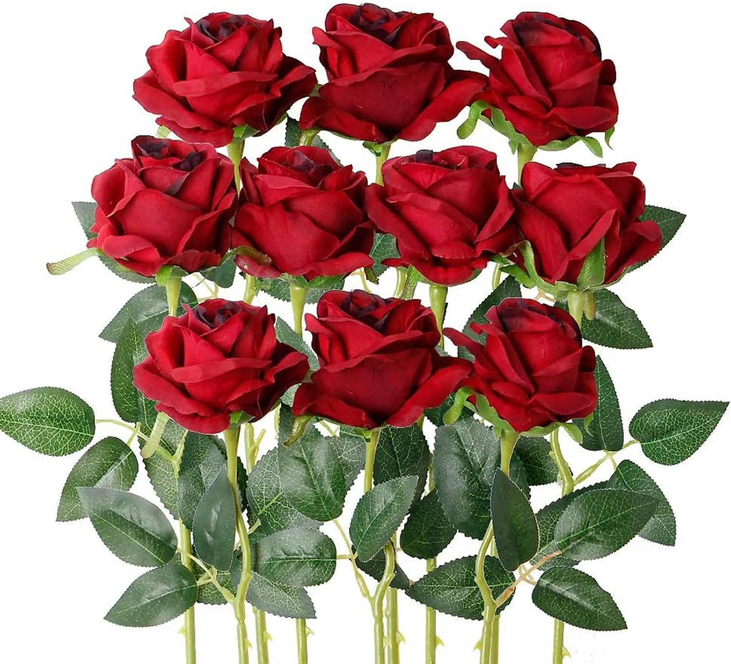 گل های مصنوعی رز قرمز تزویق، 10 عدد گل مصنوعی رز ابریشمی، رزهای واقعی برای دسته گل DIY، دکوراسیون منزل، تزیین میز عروسی، دکوراسیون اداری (شرابی)