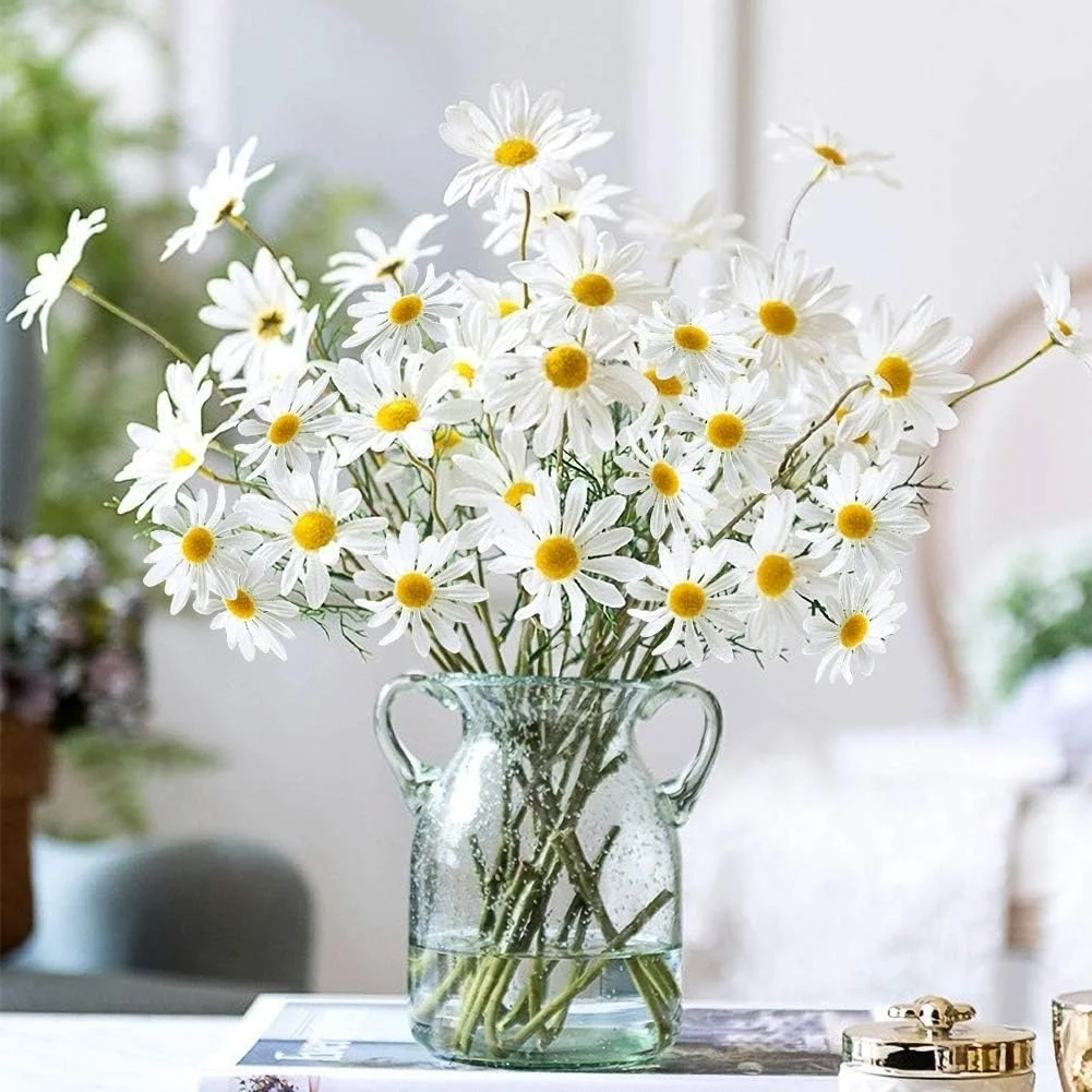 گل های ابریشمی مصنوعی کوکب تریفی 10 عددی، گل های گل بابونه پلاستیکی سفید برای دسته گل عروسی، تزیینات میز، خانه، آشپزخانه، باغ، تزیینات مهمانی