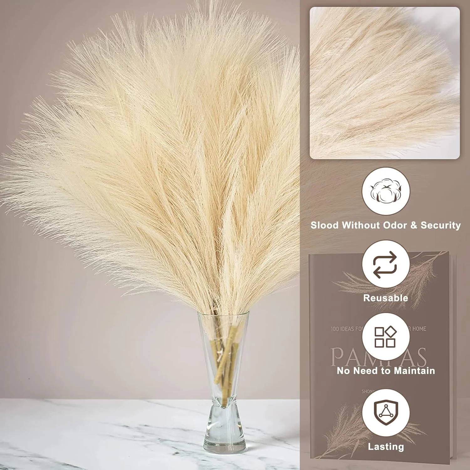علف پامپاس مصنوعی بزرگ UCHUANG، 4 شاخه 99 سانتی متری، دسته گل گل های مصنوعی بزرگ و کرکی برای دکوراسیون بوهمیایی، عروسی، برای گلدان های کف، گیاه بلند سفید و دکوراسیون منزل (بژ)