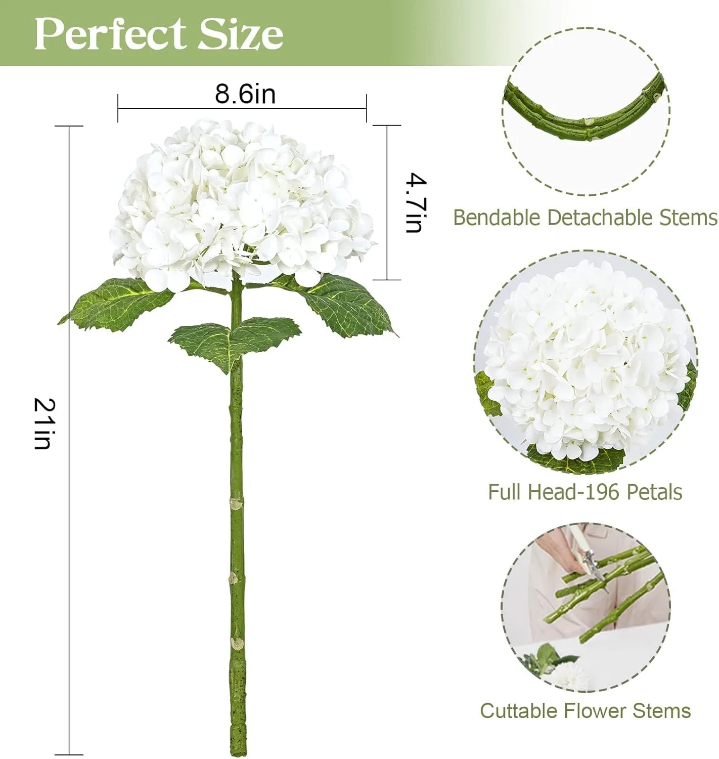 وایپفارو 21 اینچ گل های مصنوعی هورتانسیا سفید با لمس واقعی با ساقه و برگ های بلند، گل های هورتانسیا لاتکس مصنوعی کامل برای دکوراسیون منزل، چیدمان گل مهمانی، دسته گل عروسی، 4 عدد
