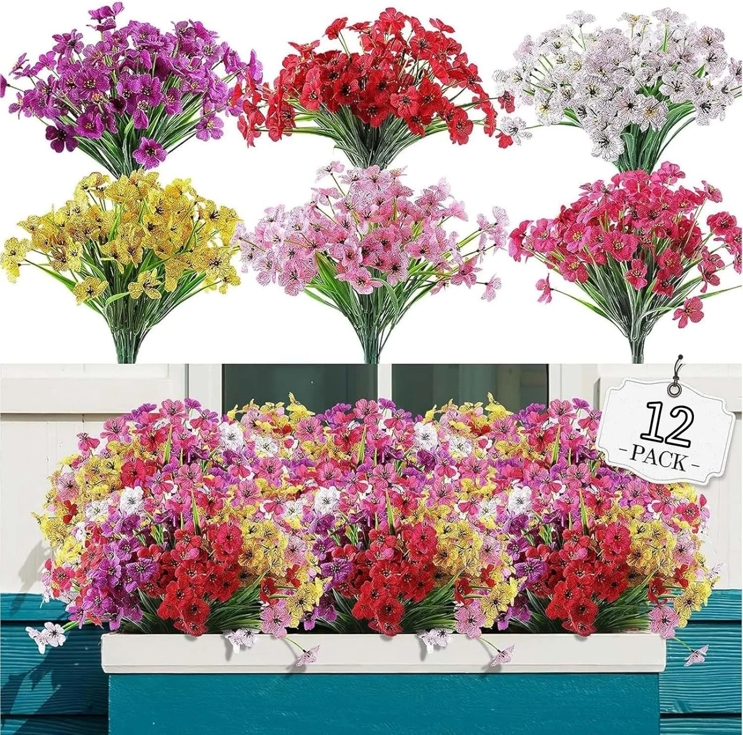 YHOME 12 دسته گل مصنوعی برای فضای باز، گل های پلاستیکی مصنوعی بدون محو شدن، گیاهان مصنوعی برای تزئین گلدان های آویزان در داخل و خارج از منزل، باغ، ایوان، جعبه پنجره، خانه، عروسی، خانه روستایی (6 رنگ)