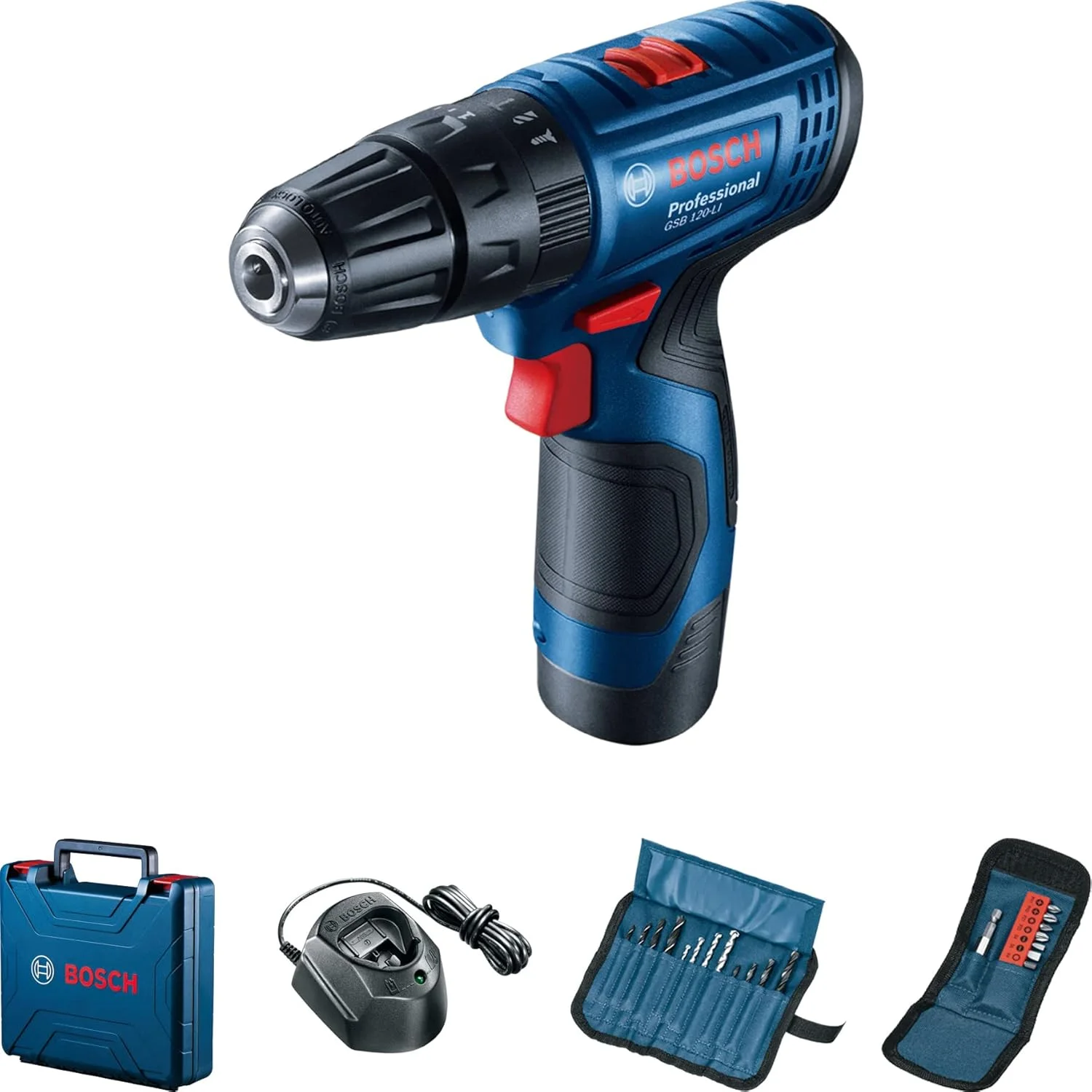 دریل چکشی شارژی بوش GSB 120-Li 2Ah Professional به همراه باتری، شارژر و مجموعه 23 عددی