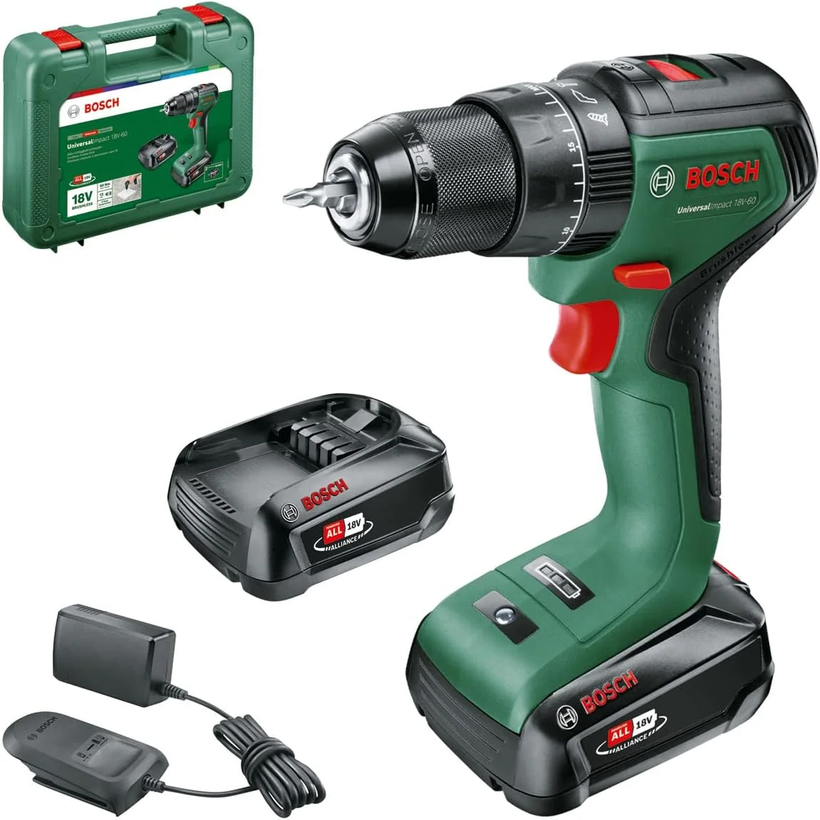 دریل چکشی شارژی بوش UniversalImpact 18V-60 (2 باتری 2.0 آمپر ساعت، سیستم 18 ولت، در کیف حمل)
