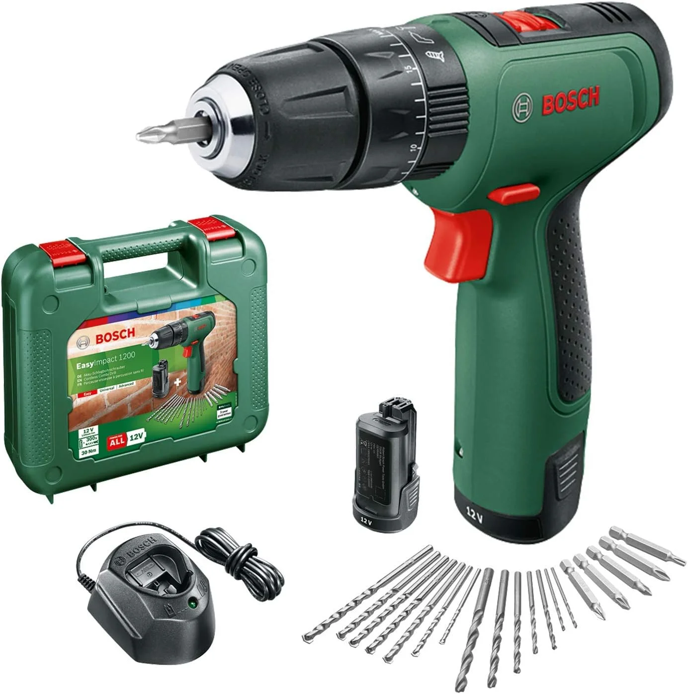 دریل چکشی شارژی بوش EasyImpact 1200 (2 عدد باتری، سیستم 12 ولت، 19 قطعه لوازم جانبی، در جعبه)