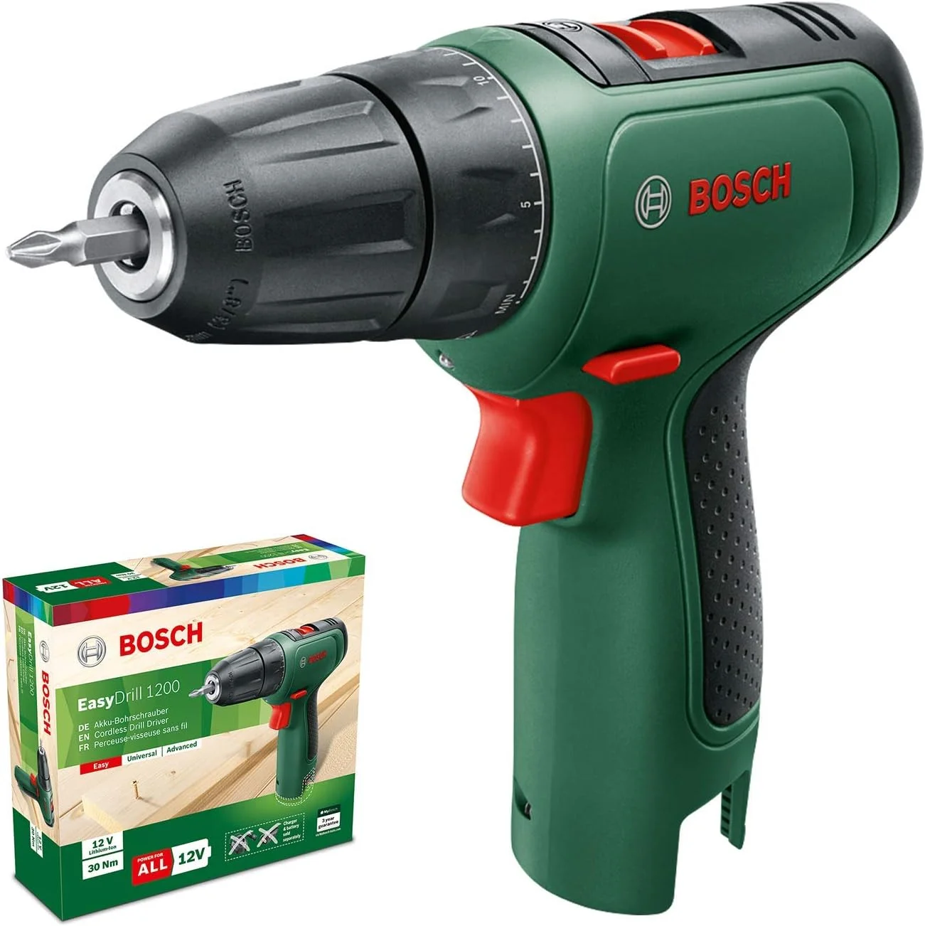 دریل شارژی خانگی و باغی بوش EasyDrill 1200 (بدون باتری، سیستم 12 ولت، در بسته بندی کارتنی)