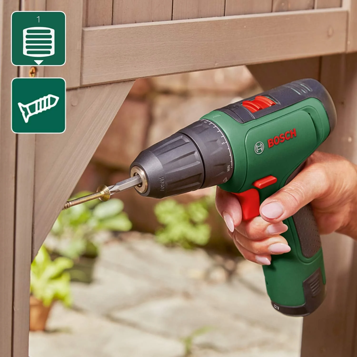 دریل شارژی خانگی و باغی بوش EasyDrill 1200 (بدون باتری، سیستم 12 ولت، در بسته بندی کارتنی)
