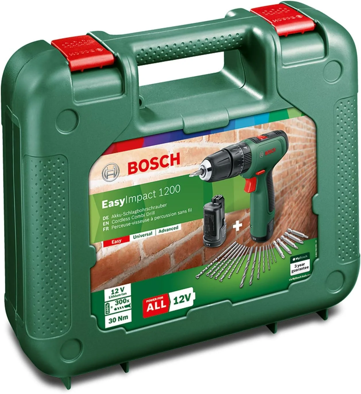 دریل چکشی شارژی بوش EasyImpact 1200 (2 عدد باتری، سیستم 12 ولت، 19 قطعه لوازم جانبی، در جعبه)