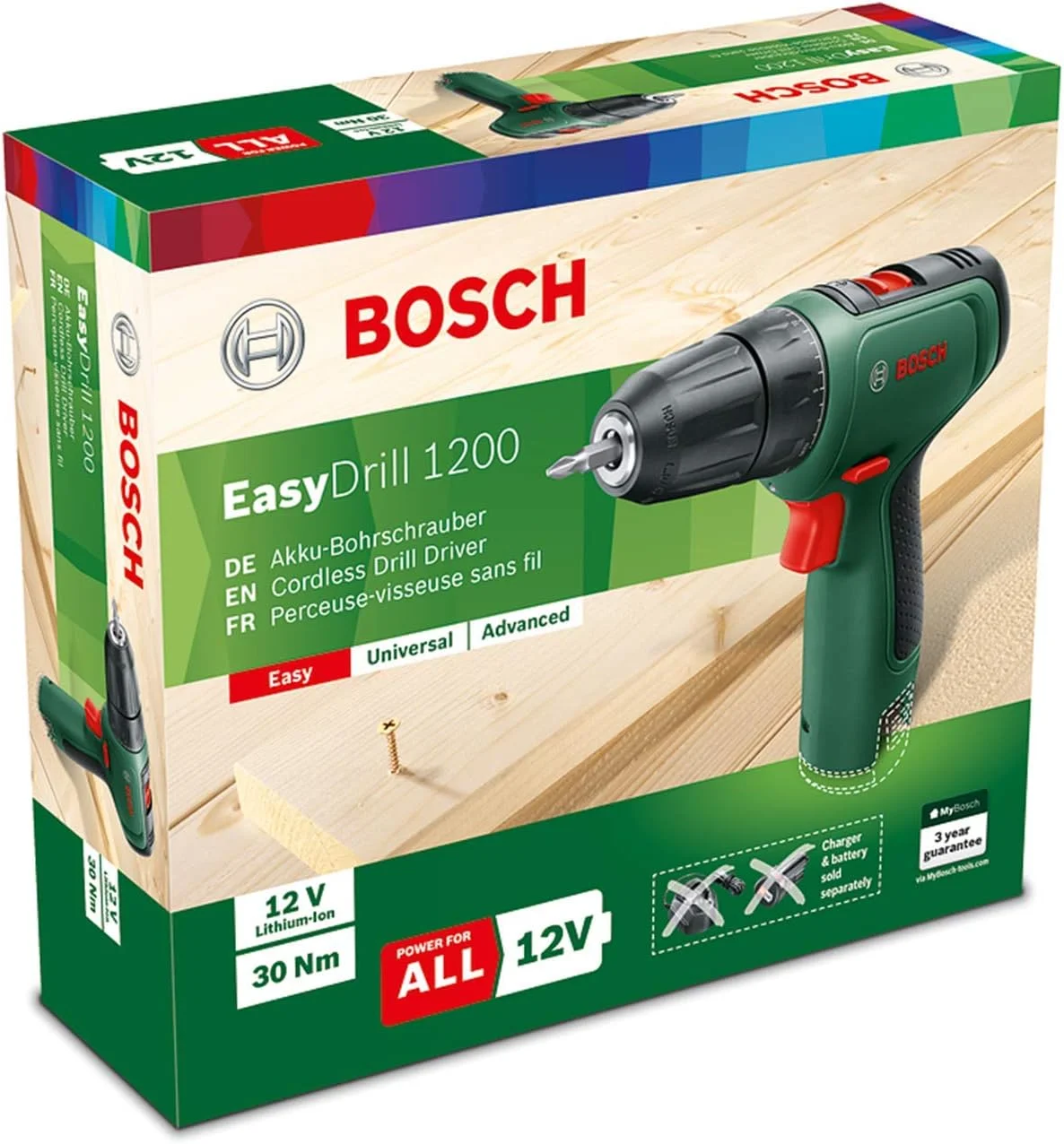 دریل شارژی خانگی و باغی بوش EasyDrill 1200 (بدون باتری، سیستم 12 ولت، در بسته بندی کارتنی)