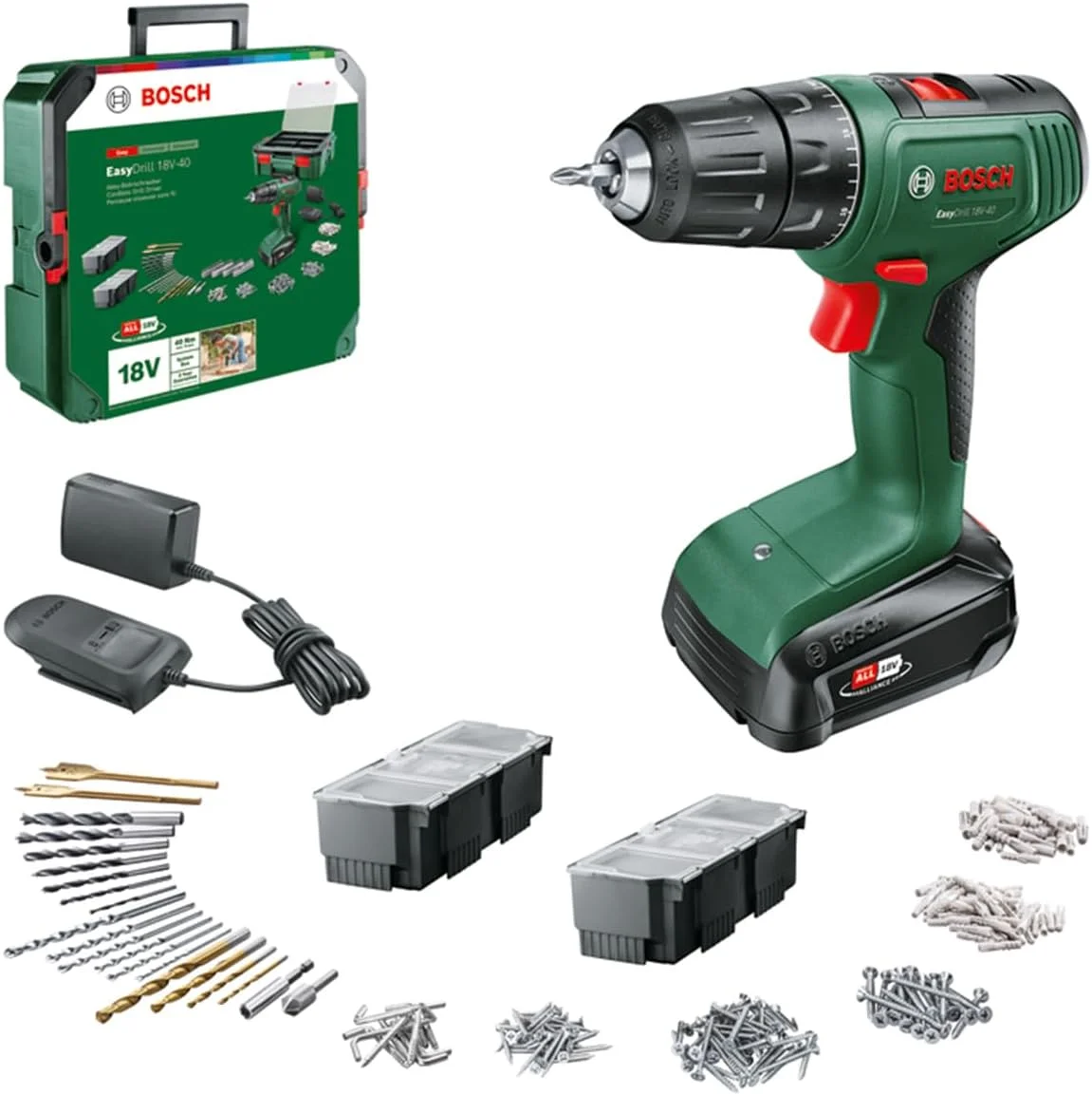 دریل شارژی بوش مدل EasyDrill 18V-40 (پیچ گوشتی یا دریل در چوب، فلز و پلاستیک؛ 241 لوازم جانبی؛ 1 باتری 18 ولت 1.5 آمپر ساعت؛ با 1 جعبه سیستم)