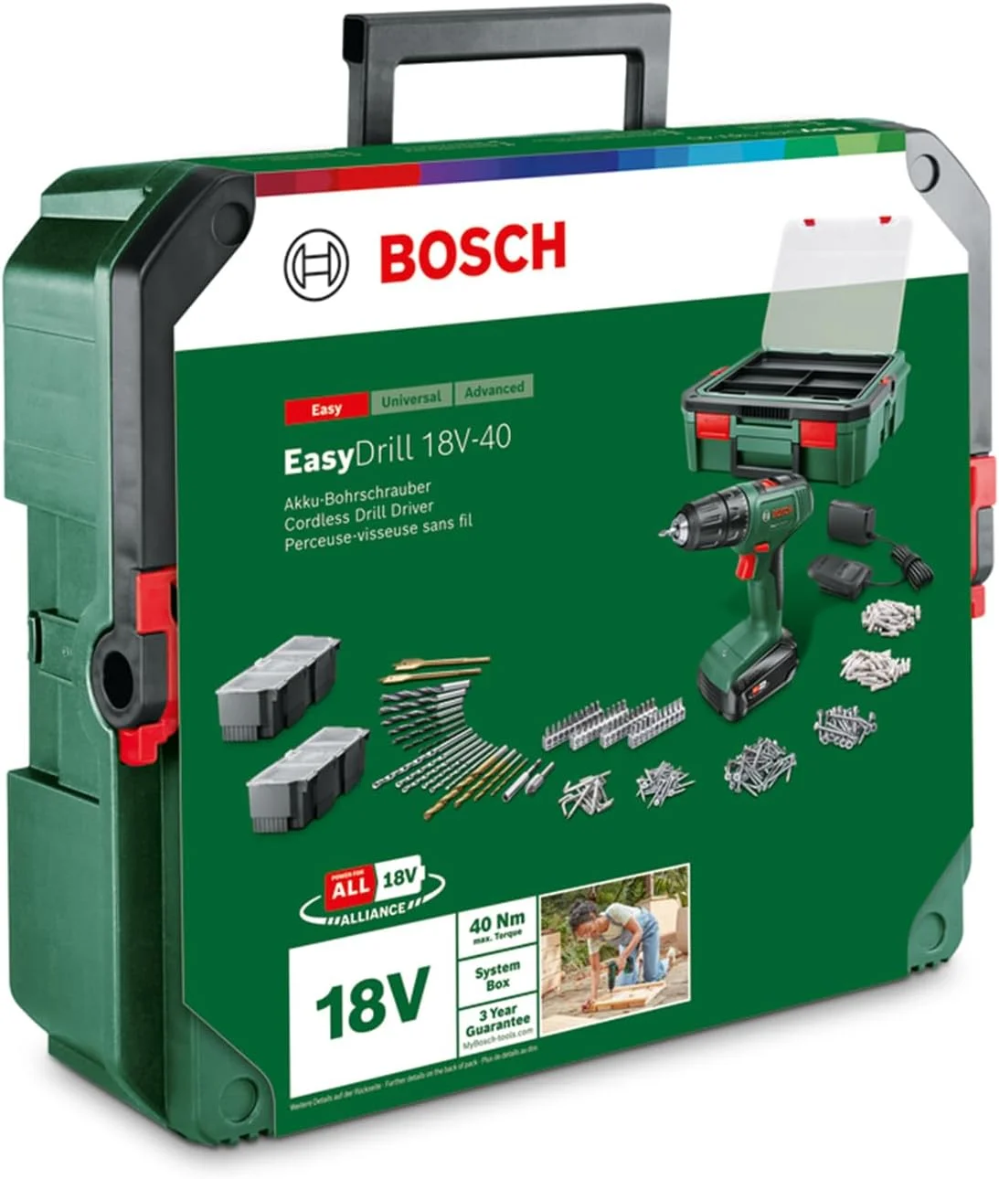 دریل شارژی بوش مدل EasyDrill 18V-40 (پیچ گوشتی یا دریل در چوب، فلز و پلاستیک؛ 241 لوازم جانبی؛ 1 باتری 18 ولت 1.5 آمپر ساعت؛ با 1 جعبه سیستم)