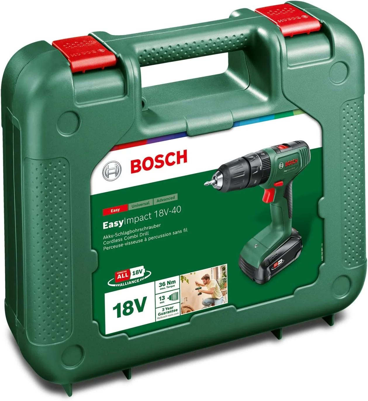 دریل چکشی شارژی بوش مدل EasyImpact 18V-40 (همراه با 1 باتری 2.0 آمپر ساعت، سیستم 18 ولت، در کیف حمل)