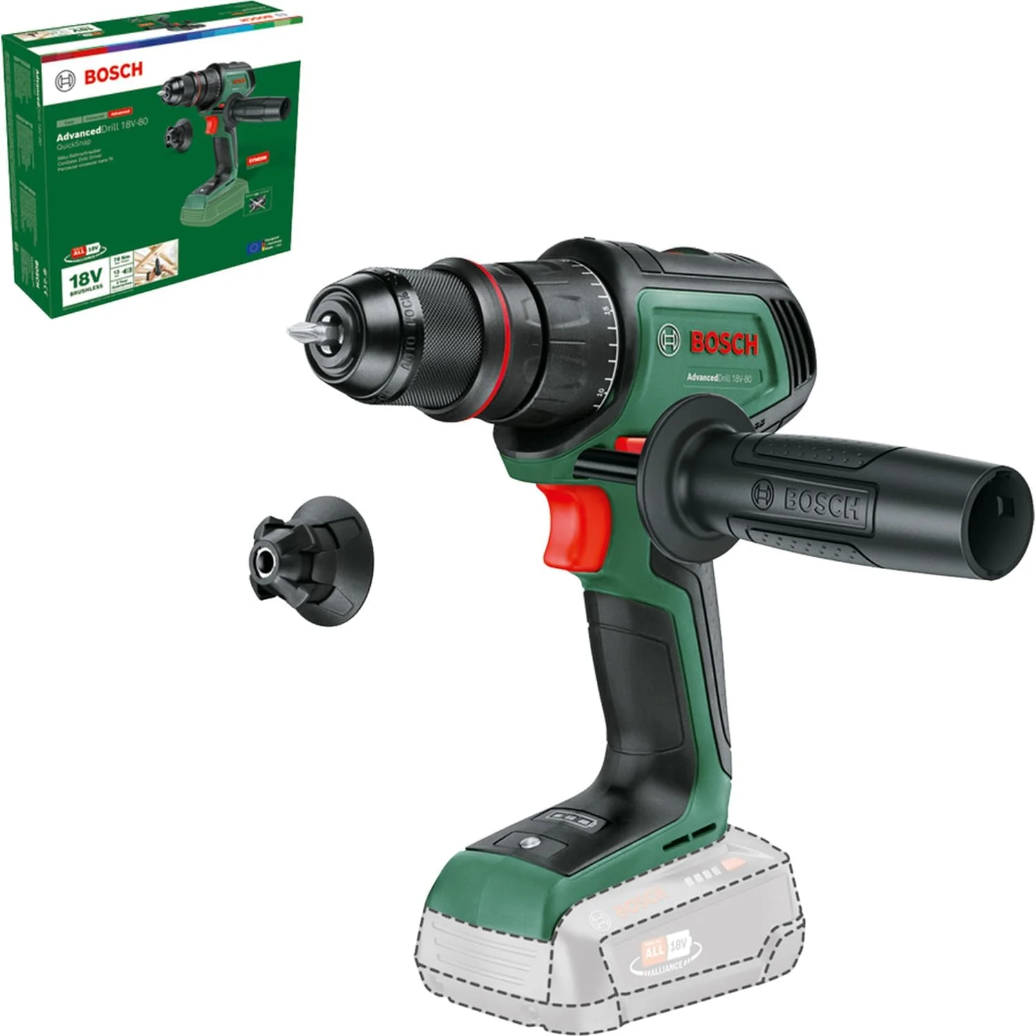دریل پیچ گوشتی شارژی بوش AdvancedDrill 18V-80 QuickSnap (برای سوراخکاری و پیچ کاری؛ سیستم 18 ولت؛ موتور براشلس؛ 78 نیوتن متر؛ سه نظام فلزی 13 میلی متری؛ درپوش مغناطیسی؛ بدون باتری)