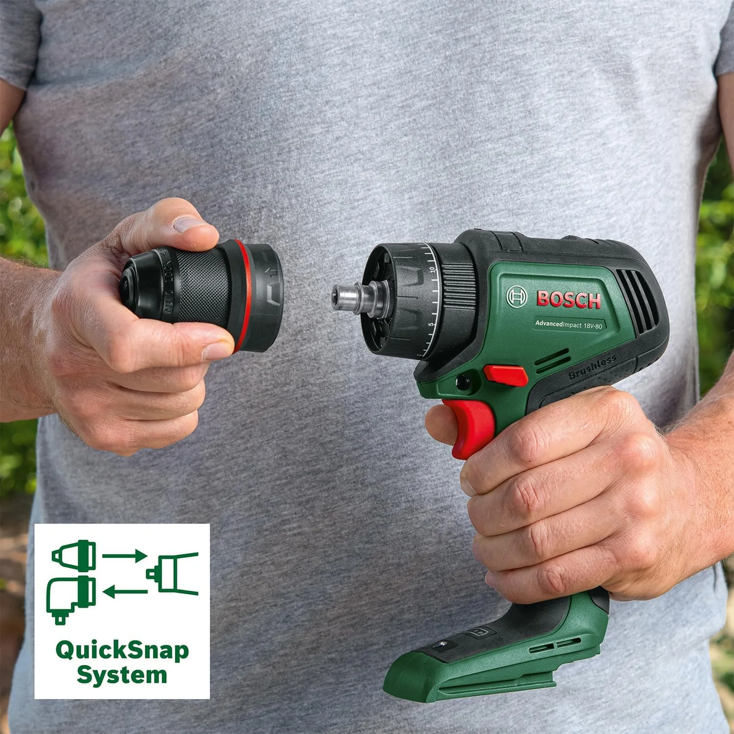 دریل پیچ گوشتی شارژی بوش AdvancedDrill 18V-80 QuickSnap (برای سوراخکاری و پیچ کاری؛ سیستم 18 ولت؛ موتور براشلس؛ 78 نیوتن متر؛ سه نظام فلزی 13 میلی متری؛ درپوش مغناطیسی؛ بدون باتری)