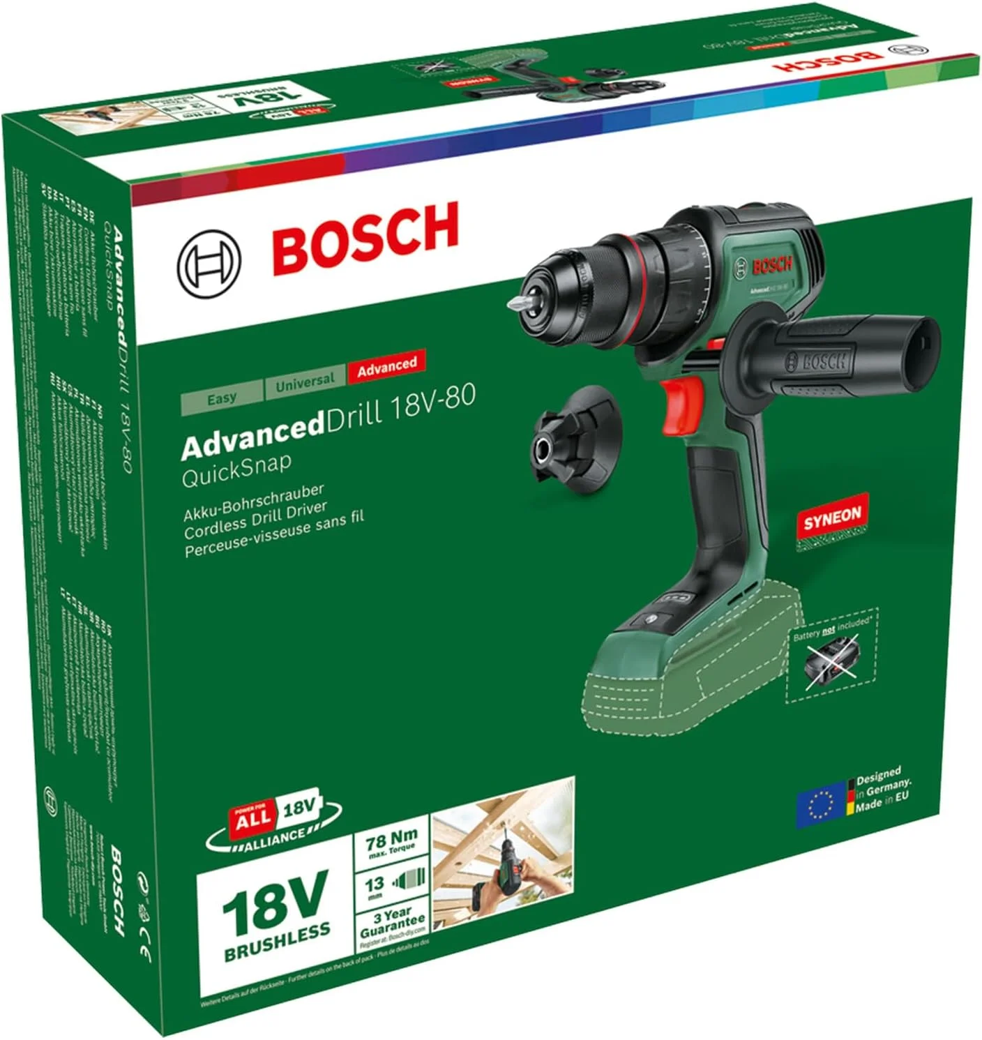 دریل پیچ گوشتی شارژی بوش AdvancedDrill 18V-80 QuickSnap (برای سوراخکاری و پیچ کاری؛ سیستم 18 ولت؛ موتور براشلس؛ 78 نیوتن متر؛ سه نظام فلزی 13 میلی متری؛ درپوش مغناطیسی؛ بدون باتری)