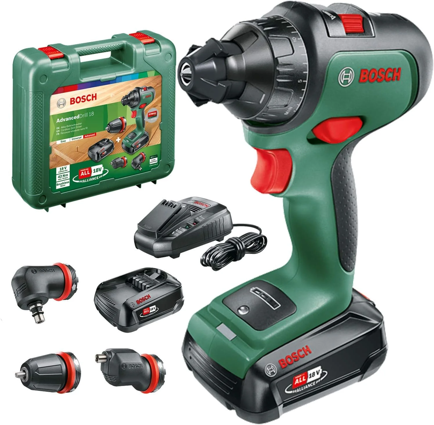 دریل شارژی بوش مدل AdvancedDrill 18 (2 عدد باتری، سیستم 18 ولت، 3 عدد متعلقات دریل، در جعبه حمل)