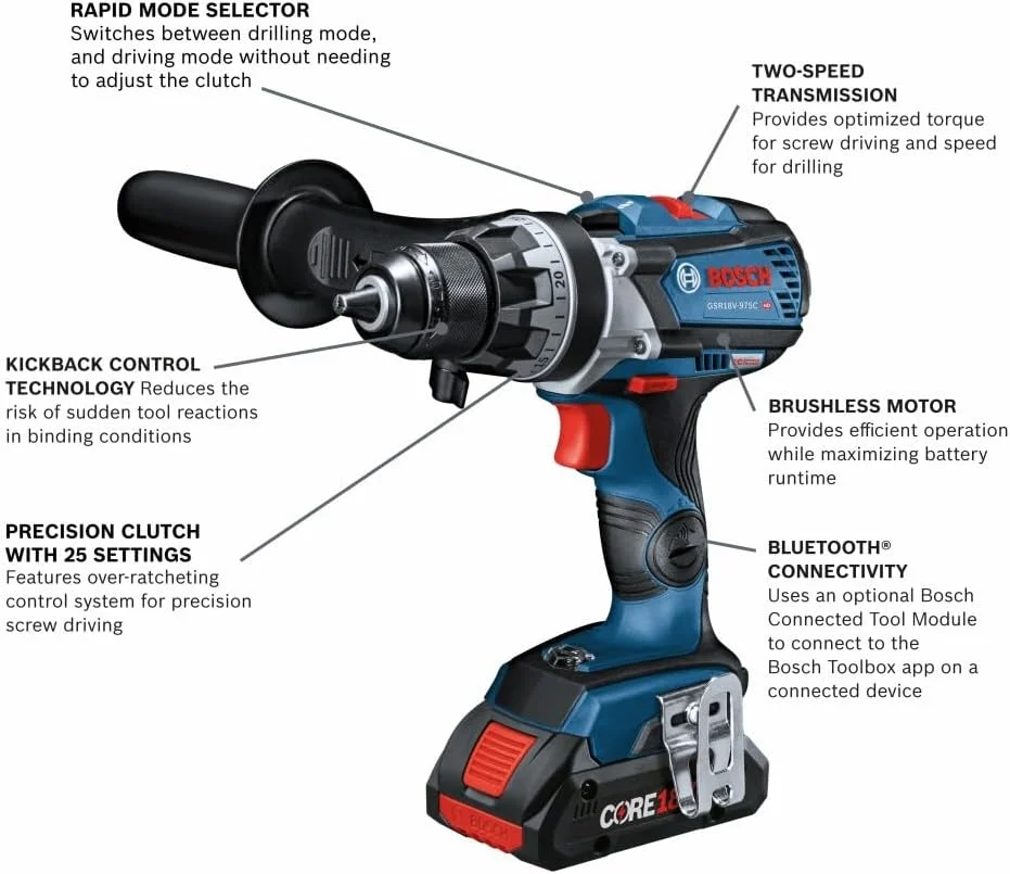 دریل/پیچ گوشتی براشلس 18 ولت بوش مدل GSR18V-975CB25 با قابلیت اتصال و درایو 1/2 اینچی به همراه (2) باتری CORE18V 4 Ah Advanced Power