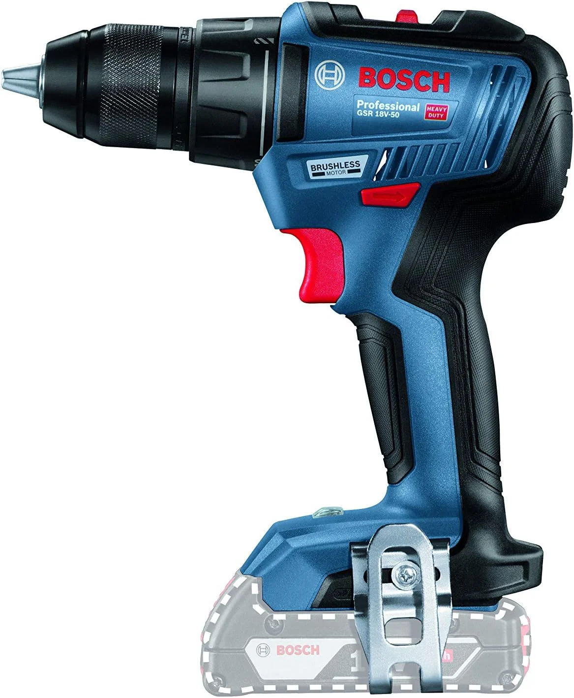 دریل/پیچ گوشتی شارژی چکشی بوش مدل GSR 18V-50 Professional با موتور براشلس، سه نظام فلزی، 1 کیلوگرم، سرعت متغیر (فقط ابزار بدون باتری یا شارژر)