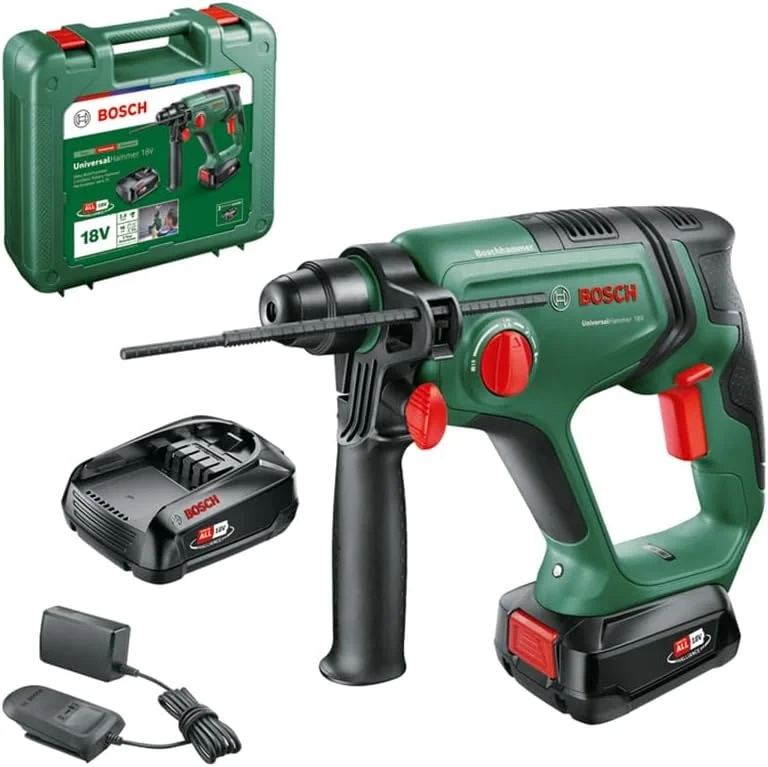 دریل چکشی شارژی بوش Universalhammer 18V (2 باتری 2.5 آمپر ساعت، سیستم 18 ولت؛ سوراخکاری/سوراخکاری با ضربه/قلم‌زنی؛ انرژی ضربه 2 ژول، SDS Plus، کیف حمل)