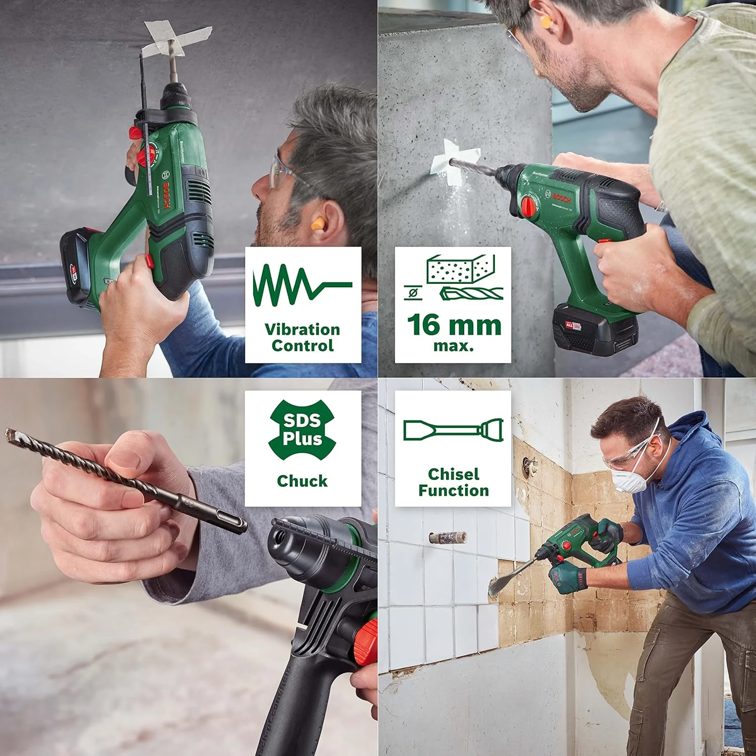 دریل چکشی شارژی بوش Universalhammer 18V (2 باتری 2.5 آمپر ساعت، سیستم 18 ولت؛ سوراخکاری/سوراخکاری با ضربه/قلم‌زنی؛ انرژی ضربه 2 ژول، SDS Plus، کیف حمل)