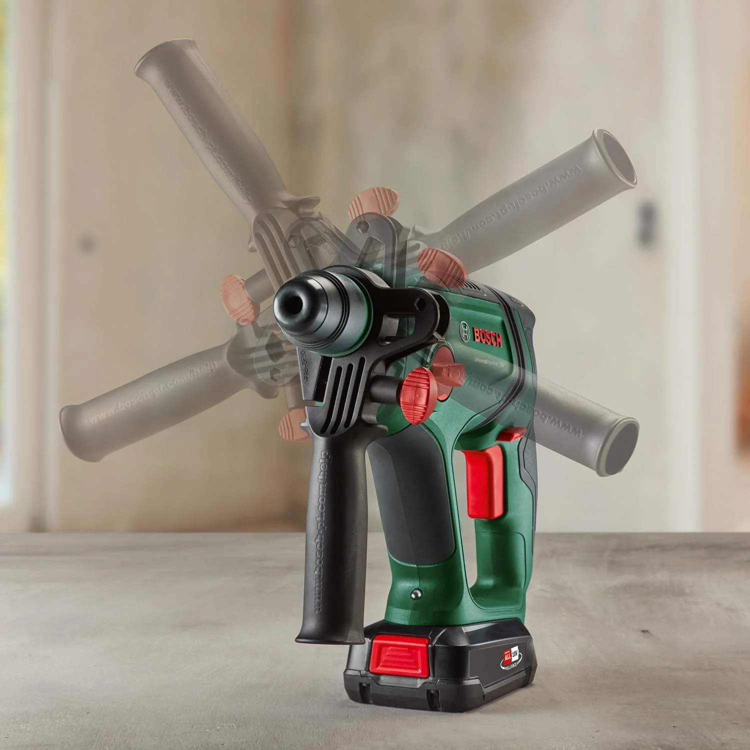 دریل چکشی شارژی بوش Universalhammer 18V (2 باتری 2.5 آمپر ساعت، سیستم 18 ولت؛ سوراخکاری/سوراخکاری با ضربه/قلم‌زنی؛ انرژی ضربه 2 ژول، SDS Plus، کیف حمل)