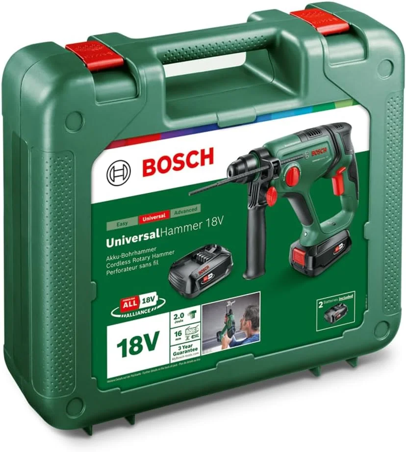 دریل چکشی شارژی بوش Universalhammer 18V (2 باتری 2.5 آمپر ساعت، سیستم 18 ولت؛ سوراخکاری/سوراخکاری با ضربه/قلم‌زنی؛ انرژی ضربه 2 ژول، SDS Plus، کیف حمل)