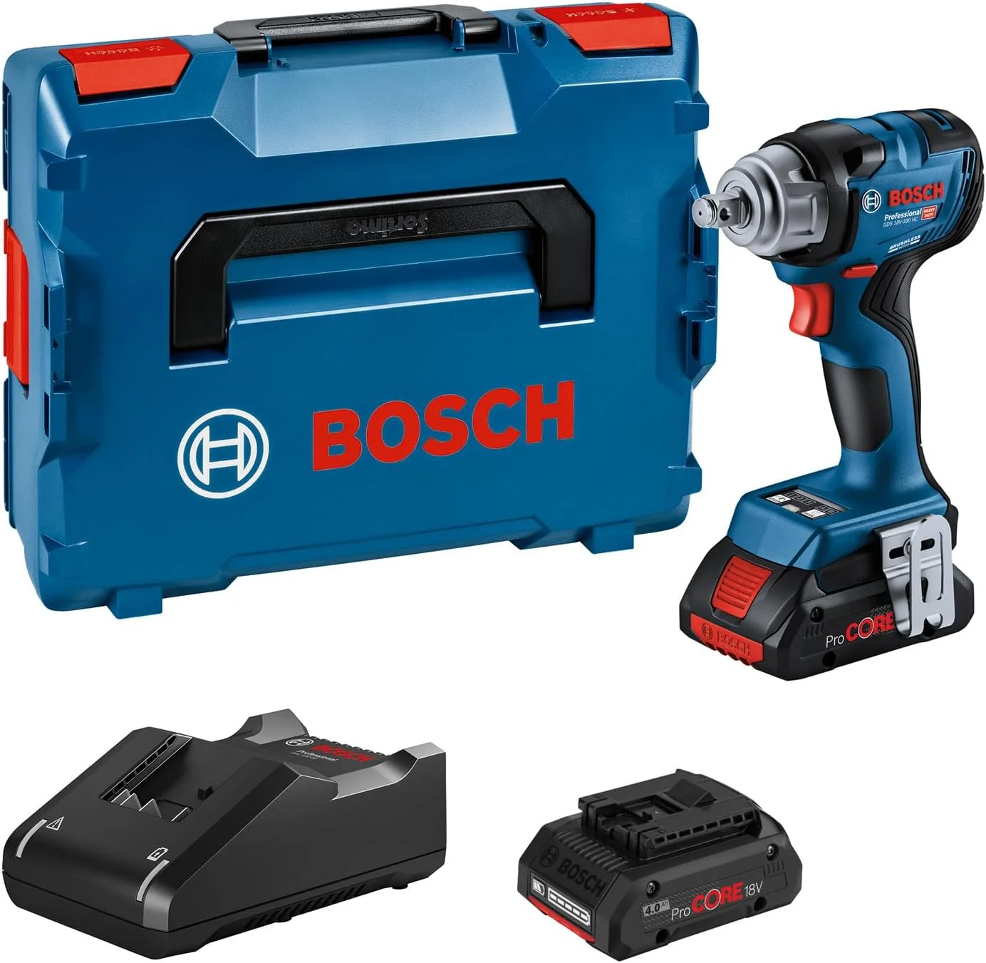آچار ضربه ای شارژی بوش پروفشنال 18 ولت مدل GDS 18V-330 HC (گشتاور سفت کردن 330 نیوتن متر و گشتاور باز کردن 560 نیوتن متر، شامل 2 عدد باتری 4.0 آمپر ساعت ProCORE، شارژر، ماژول بلوتوث کم مصرف، در L-BOXX)