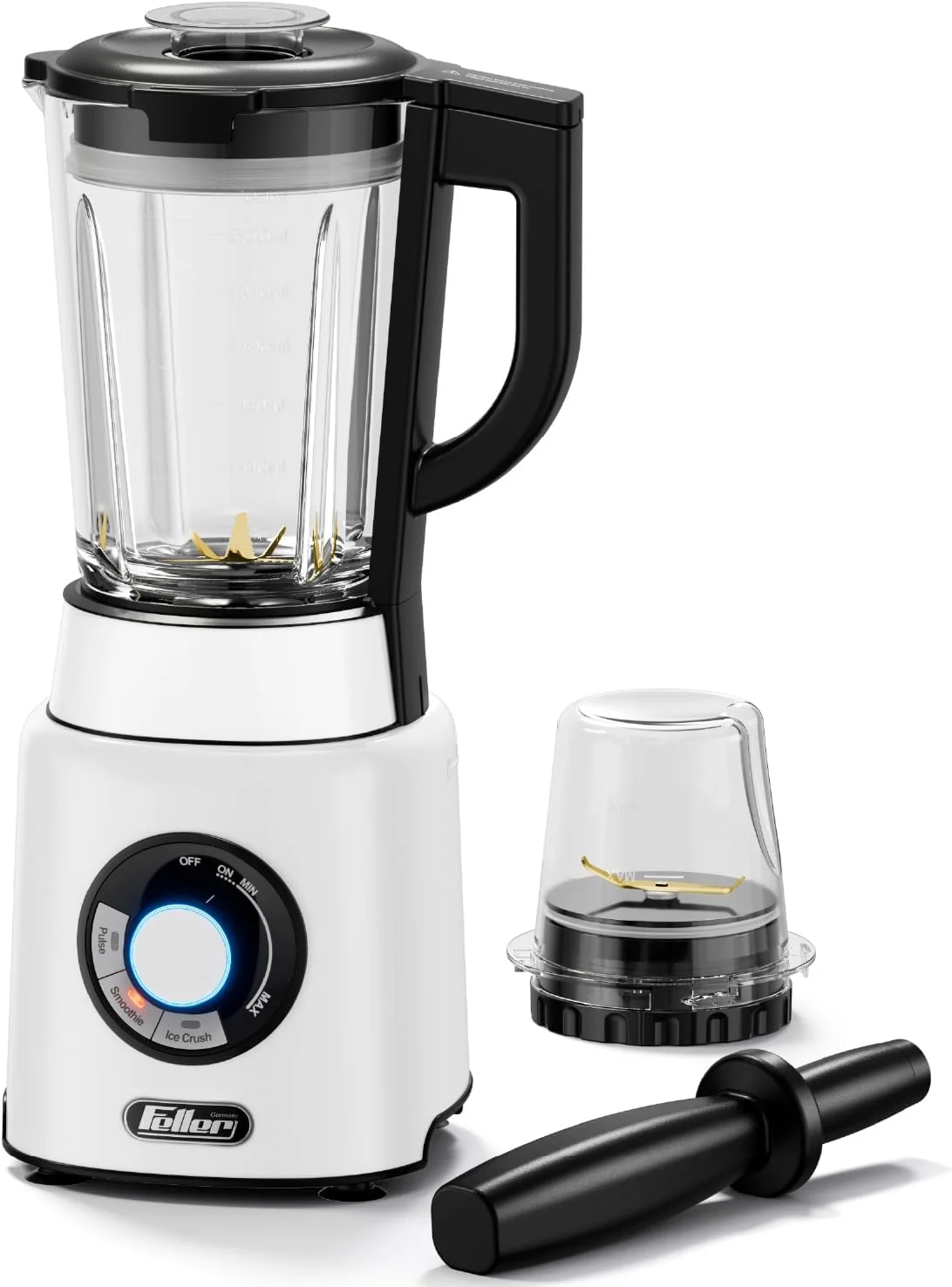 مخلوط کن و آسیاب فلر آلمان مدل BLG1200، 1200 وات، پارچ شیشه ای 1.7 لیتری، حالت های خرد کردن یخ/اسموتی/پالس، سرعت متغیر، تیغه 6 پره، قفل ایمنی، 2 سال گارانتی، استیل ضد زنگ (سفید)