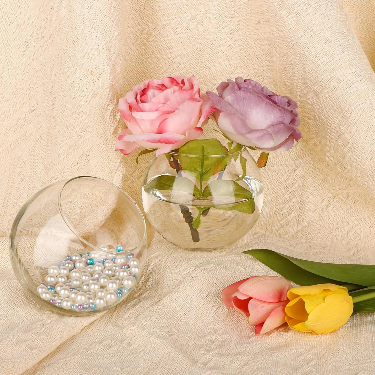 ست 6 عددی گلدان شیشه ای حبابی گرد کوچک 2 اینچی Vsell24، گلدان شیشه ای گرد برای آکواریوم، عروسی، مراسم، تزئین، گل آرایی، گل، دفتر، تزیین میز مهمانی، دکوراسیون منزل