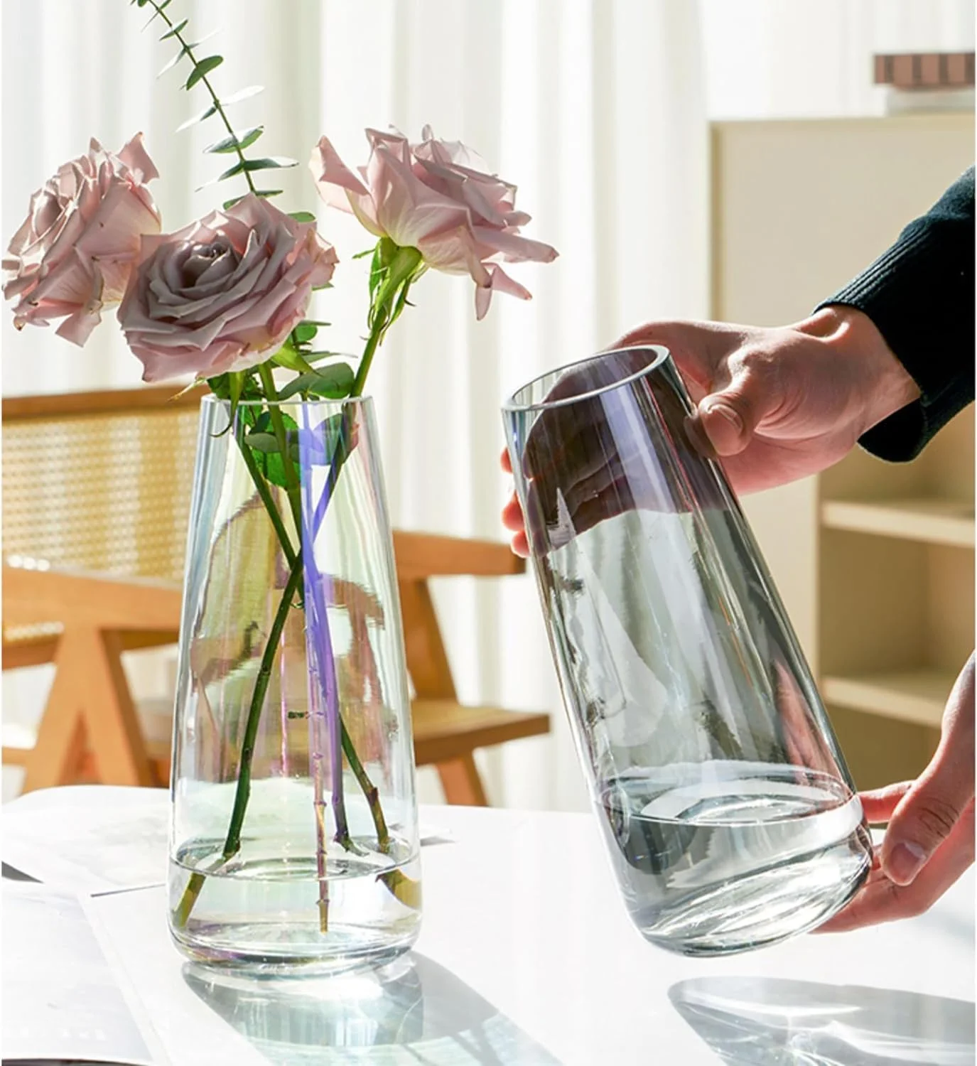 گلدان شیشه ای گل BananaHome، 8.7 اینچ، گلدان شیشه ای مدرن بزرگ رنگین کمانی، گلدان های کریستالی مخروطی برای میزهای پذیرایی، دکوراسیون منزل، مهمانی اداری، تولد، عروسی، تزئینات اتاق نشیمن (نئون شفاف)