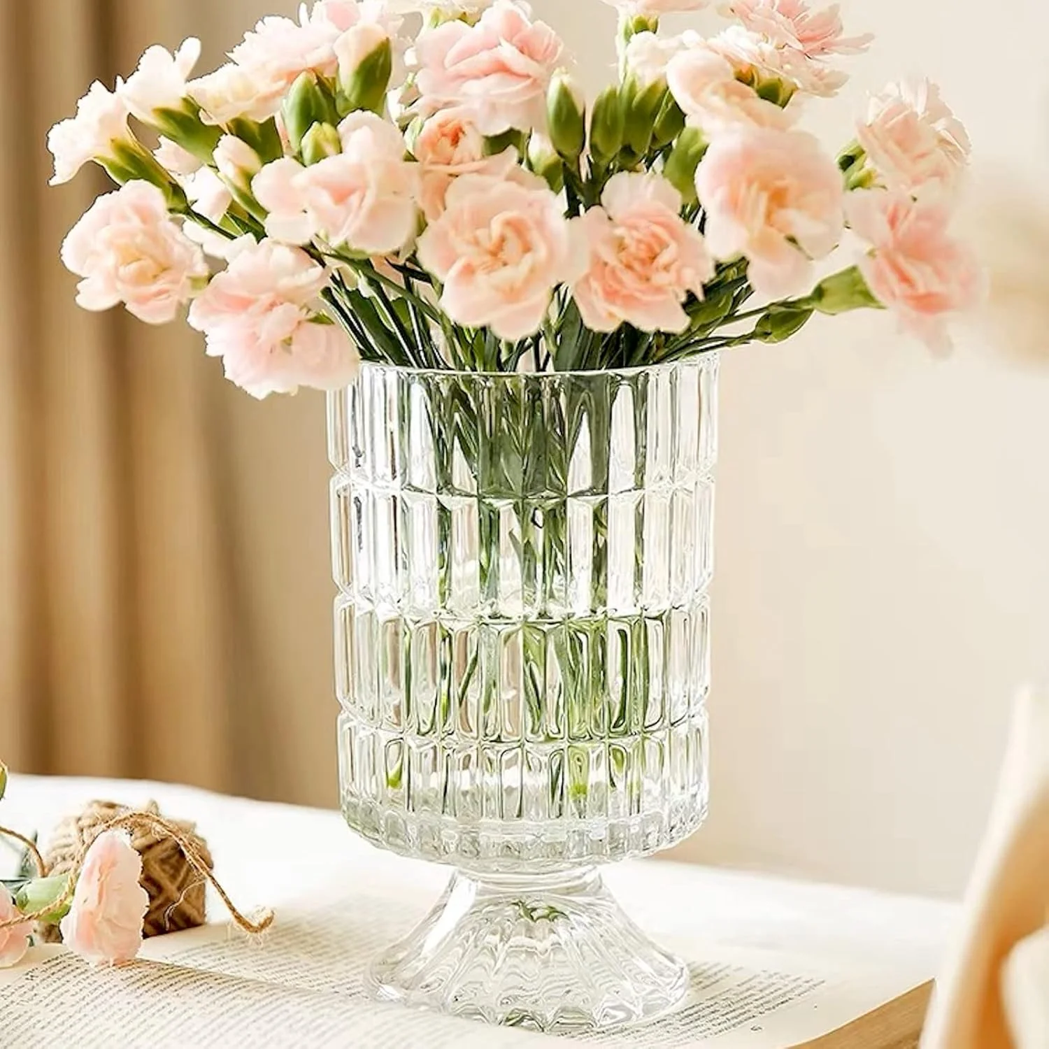 گلدان شیشه ای منقوش BLOFLO، گلدان های شیشه ای کریستالی 7 اینچی، گلدان دسته گل شیشه ای پایه بزرگ، گلدان شفاف شیشه ای هیدروپونیک برای میز ناهار خوری عروسی دفتر کار منزل (طرح راه راه)