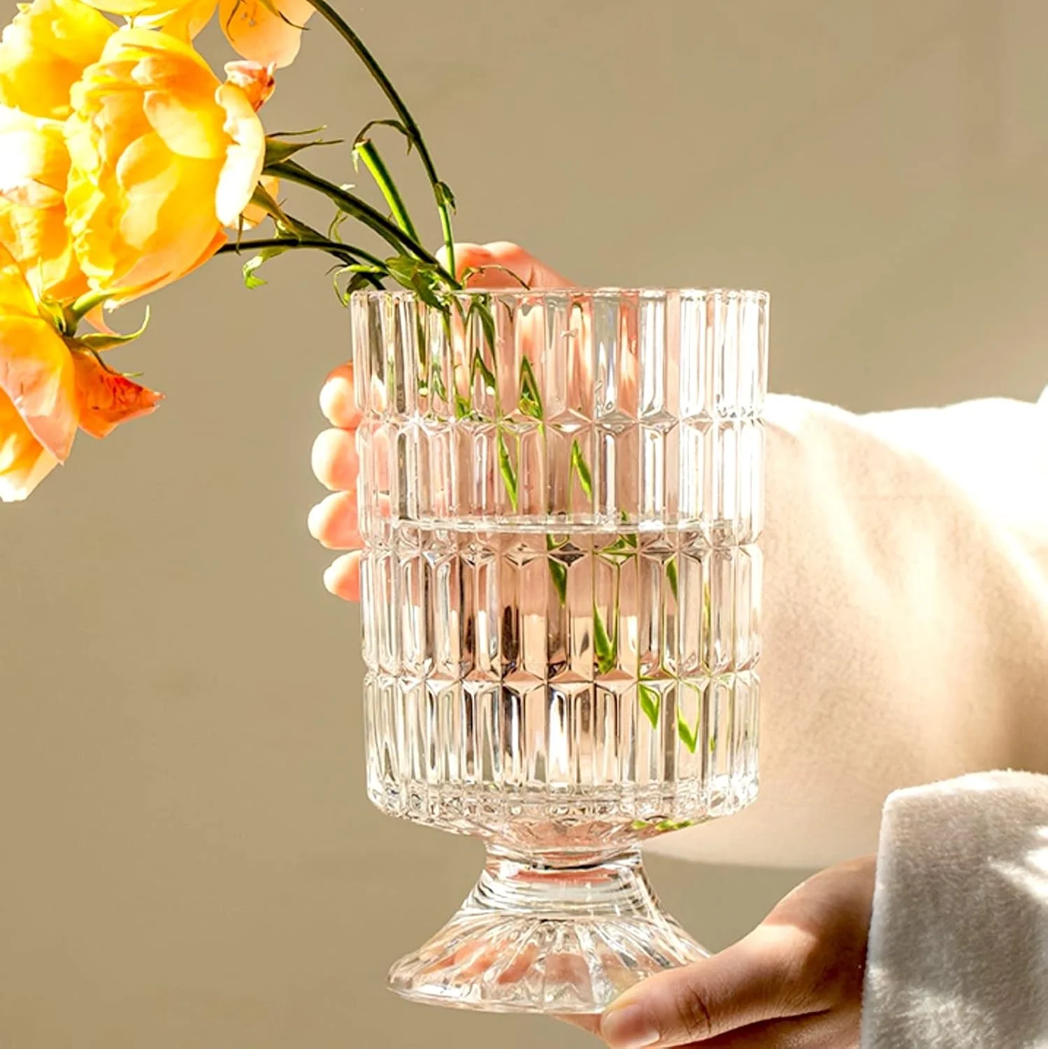 گلدان شیشه ای منقوش BLOFLO، گلدان های شیشه ای کریستالی 7 اینچی، گلدان دسته گل شیشه ای پایه بزرگ، گلدان شفاف شیشه ای هیدروپونیک برای میز ناهار خوری عروسی دفتر کار منزل (طرح راه راه)