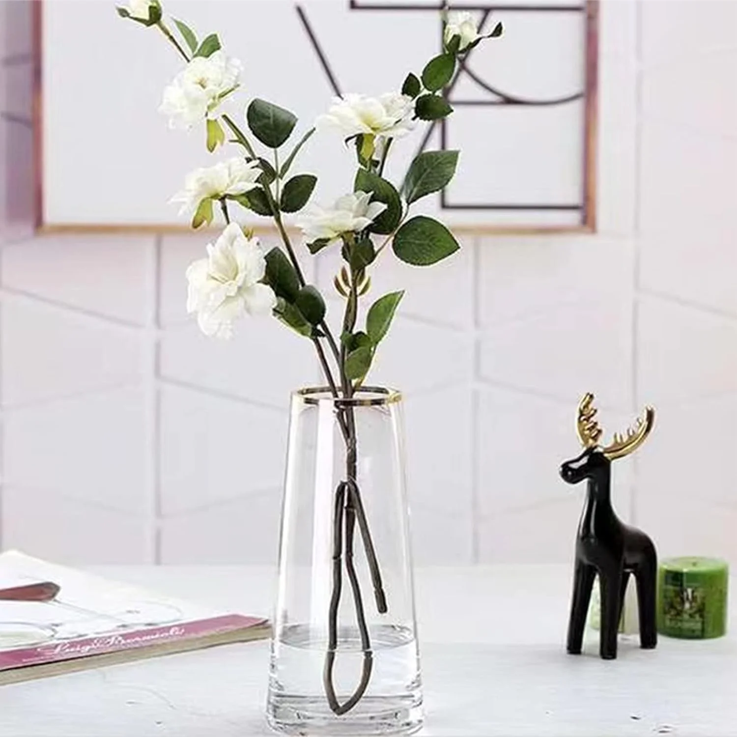 گلدان شیشه ای شفاف، گلدان استوانه ای برای گل آرایی، عروسی، دکوراسیون منزل یا دفتر، 21.5 سانتی متر ارتفاع، دهانه 7 سانتی متر
