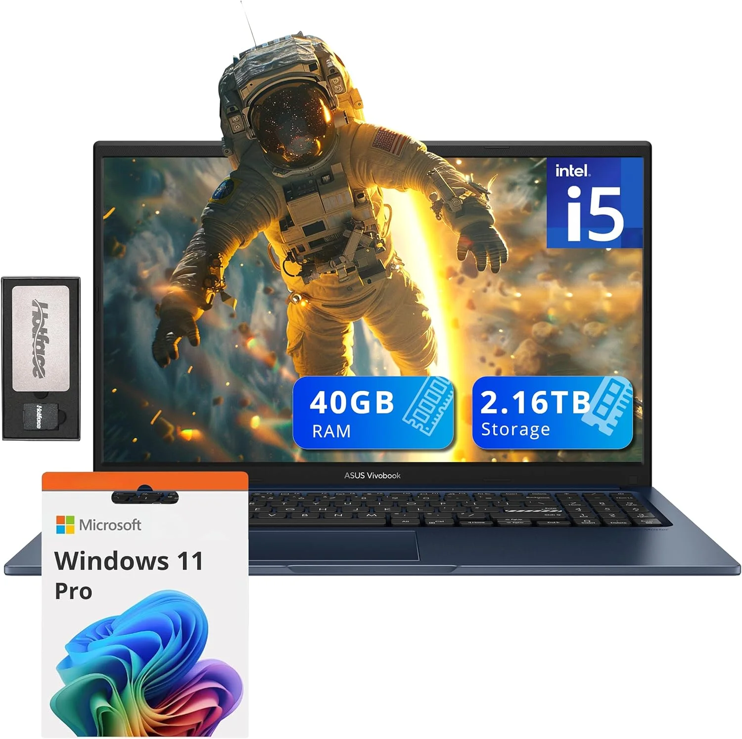لپ تاپ 15.6 اینچی ASUS Vivobook FHD، پردازنده Intel i5-1235U، رم 40 گیگابایتی DDR4، حافظه 2.16 ترابایتی (2 ترابایت SSD + مجموعه داکینگ استیشن 160 گیگابایتی)، گرافیک Intel Iris Xe، صفحه کلید اعداد، دوربین 720p HD، ویندوز 11 پرو، آبی آرام