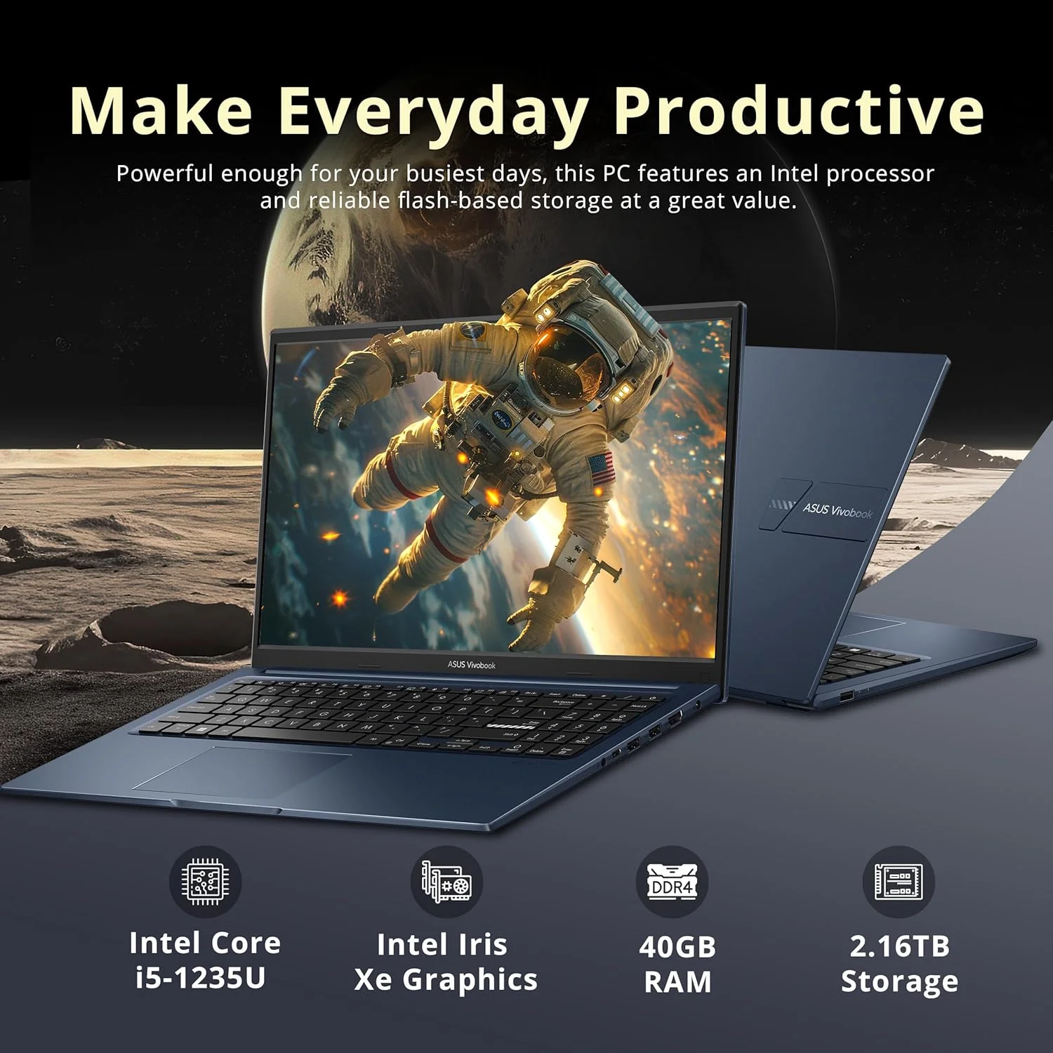 لپ تاپ 15.6 اینچی ASUS Vivobook FHD، پردازنده Intel i5-1235U، رم 40 گیگابایتی DDR4، حافظه 2.16 ترابایتی (2 ترابایت SSD + مجموعه داکینگ استیشن 160 گیگابایتی)، گرافیک Intel Iris Xe، صفحه کلید اعداد، دوربین 720p HD، ویندوز 11 پرو، آبی آرام لپ تاپ 15.6 اینچی ASUS Vivobook FHD، پردازنده Intel i5-1235U، رم 40 گیگابایتی DDR4، حافظه 2.16 ترابایتی (2 ترابایت SSD + مجموعه داکینگ استیشن 160 گیگابایتی)، گرافیک Intel Iris Xe، صفحه کلید اعداد، دوربین 720p HD، ویندوز 11 پرو، آبی آرام