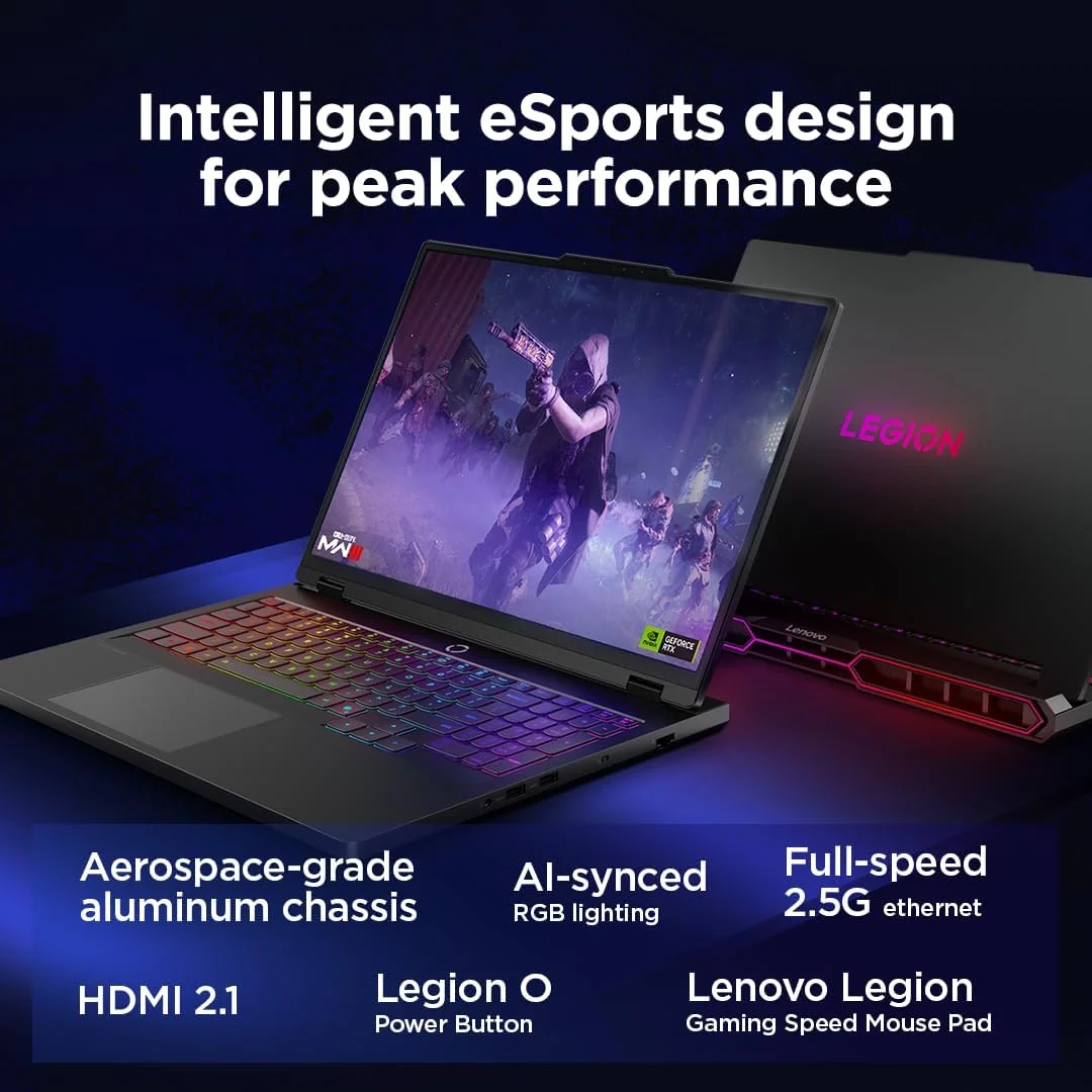 لپ تاپ گیمینگ لنوو Legion Pro 7 16IAX10H AI با صفحه نمایش 16 اینچی WQXGA OLED 240Hz، پردازنده Intel Ultra 9 275HX، رم 32 گیگابایتی، حافظه SSD 2 ترابایتی، کارت گرافیک RTX 5070Ti 12GBB GDDR7، کیبورد RGB ENG-ARB، ویندوز 11، مشکی کسوفی [83F5008PAX] + 2 سال Premium Care