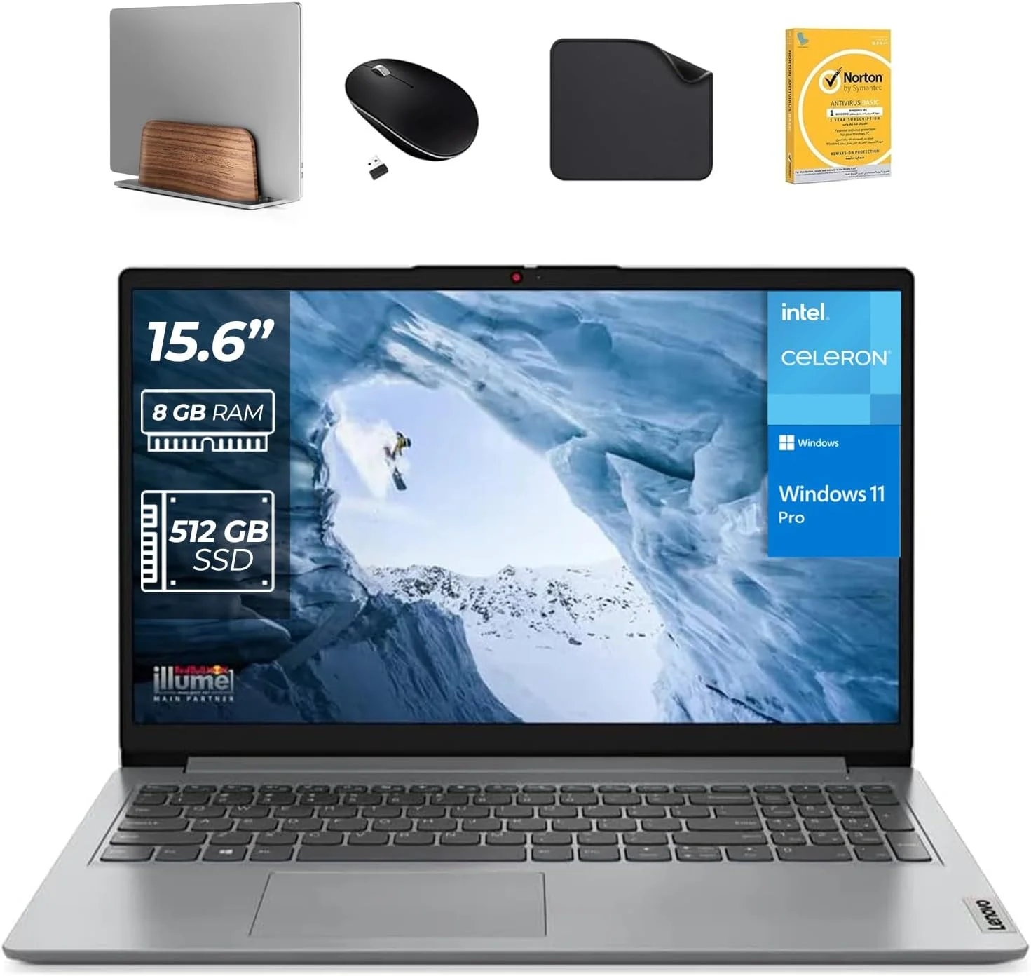 لپ تاپ تجاری لنوو IdeaPad 1 (15iJL7) اینتل Core N4500، رم 8 گیگابایت، SSD 512 گیگابایت، ویندوز 11 پرو (شامل پایه لپ تاپ عمودی First Wave + ماوس بی سیم + آنتی ویروس + ماوس پد First Wave)